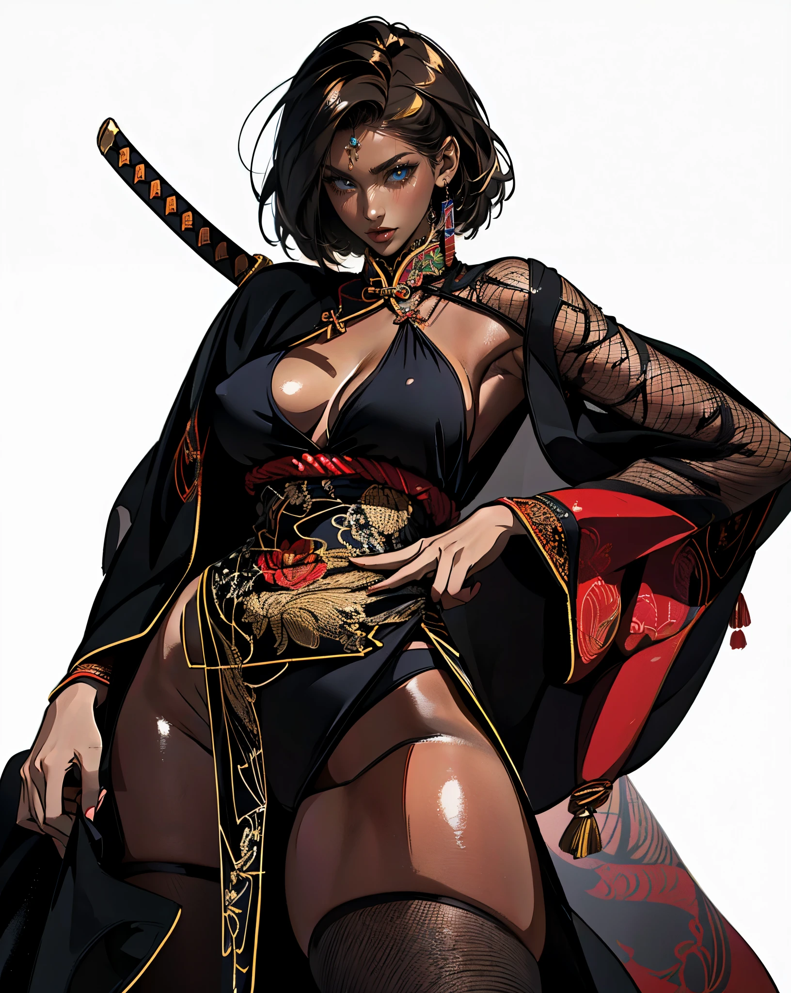 (absurdres, highres, super resolution), (((solo))), (1girl:1.5), (((white background))), ((No background created)), ((( visible chest bone ))), (((big boobs))), side slit skirt, Chinese Three Kingdoms dress costume, fishnet stockings, Samurai girl, lingerie for beautiful women, Garter Belts, lips, Chinese dress, colorful hair ornaments, metal jewelry , open mouth, ((katana)), (Woman holding a katana), ((creates an image from head to thigh)), ((The image above the head is not cropped)), ((dark skin)), (((tempting pose))), (((short hair)))