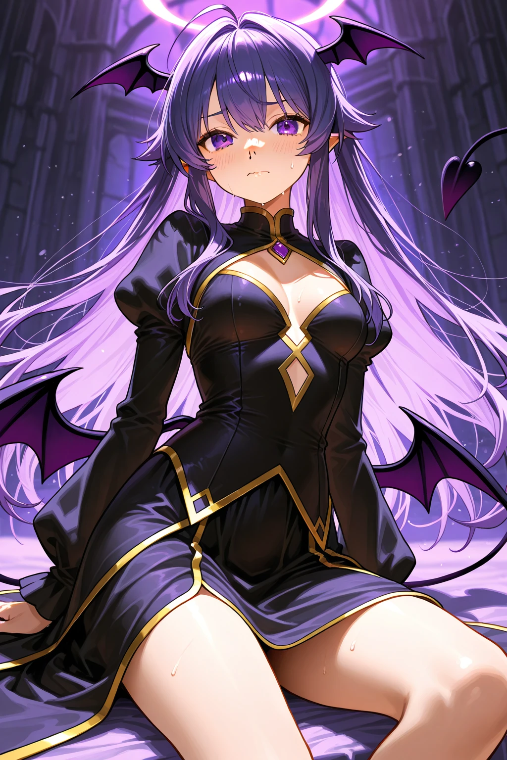, ghost, (Monster Girl), Purple skin, spikes, spiky purple hair, Fanged smile, floating hands, Wearing a dark purple dress, Floating in mid-air, masutepiece, Best Quality