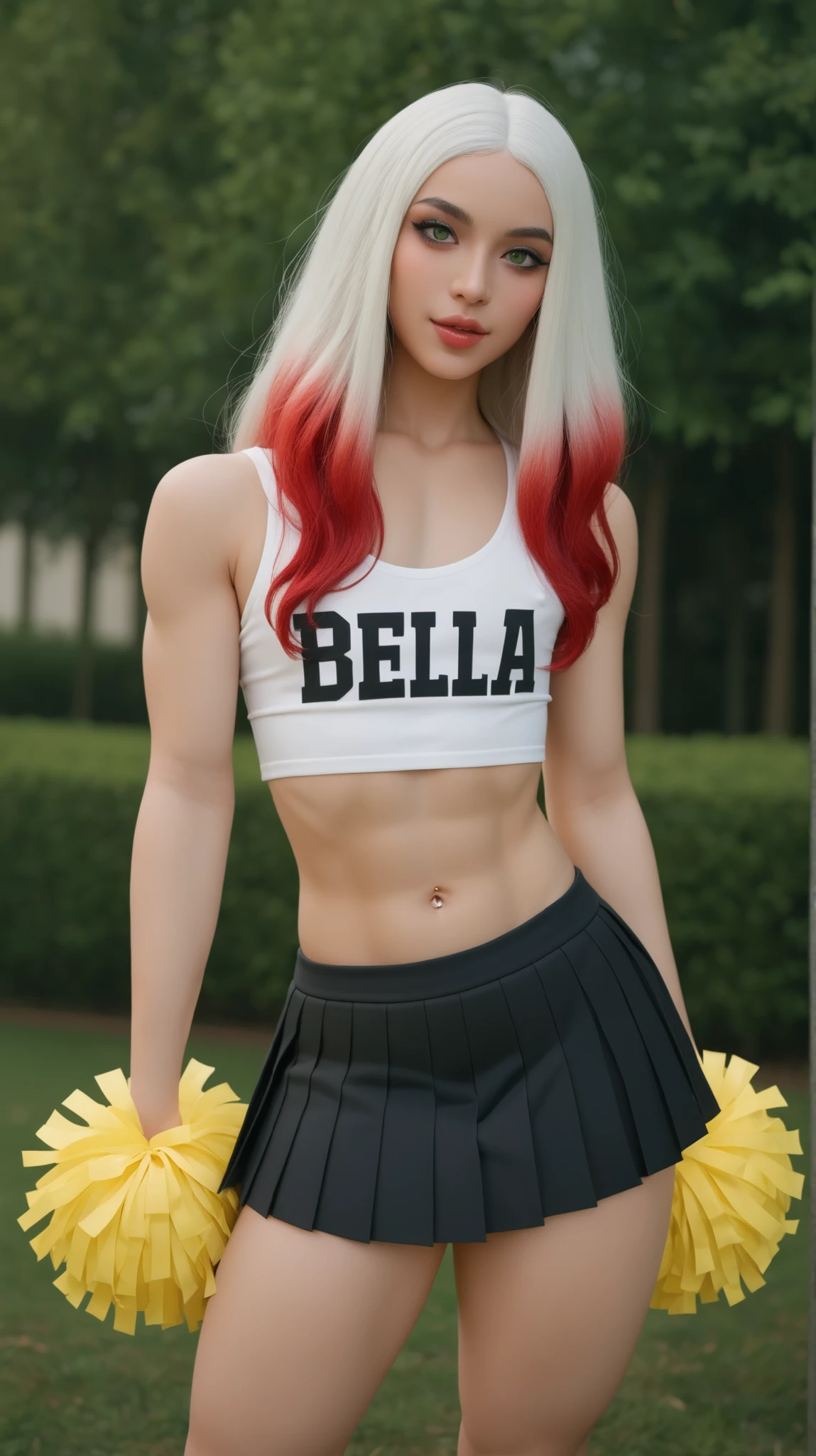 (obra-prima), (retrato), ((1 femboy)), ((transsexual woman)), ((long white hair, femboy nerd, red highlights)), over hair eyes , green eyes, wavy hair, alta qualidade, (facial resources of a femboy), femboy, slender, Cheerleader style, tank top, short pleated skirt, pink pom-poms, (horny and slutty femboy), (Femboy Emo), beautiful hands, Body bela, bela ears, bela eyes, olhos brilhantes, bela mouth, bela lips, needy expression, thick and tasty thighs, in the park, morning