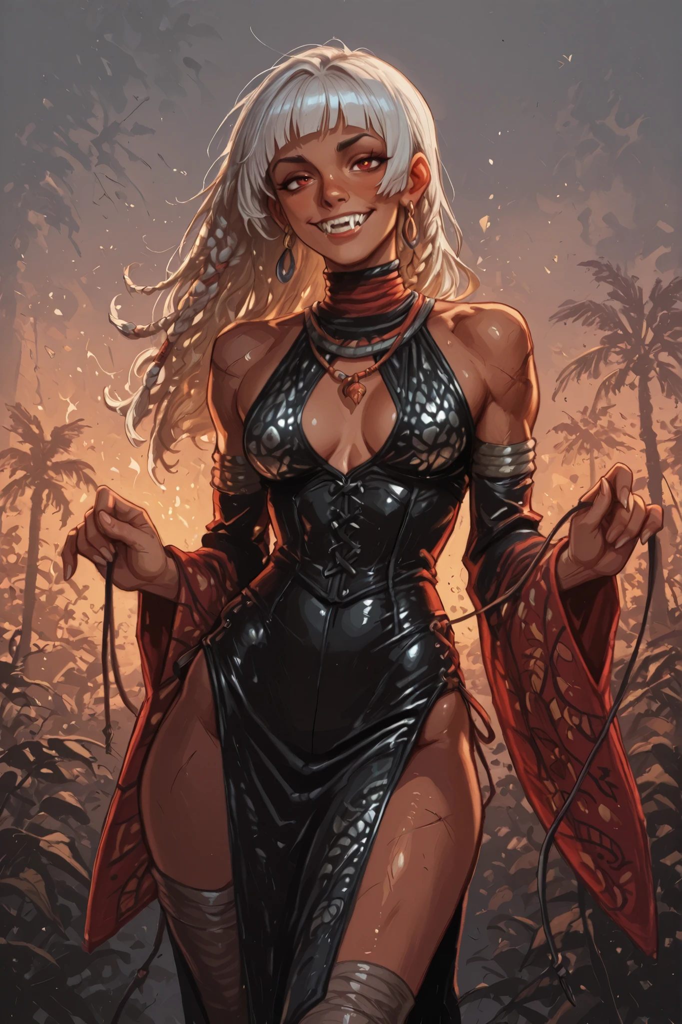 Woman looks like Annette from Castlevania Nocturne. Cute girl. Dunkle Haut. She has a horizontal scar over her nose. She has sharp teeth. pointed fangs in her mouth. your body is athletic, with muscles and abs. B-Cup. Sie hat rote, schmale, asiatische Augen, (enge Augen; asiatische Augen), A pretty, And young face and white braids. white strands. The Inca clothing made of good latex: red dress with red corset and long sleeves (Schlangenhaut-Optik), and an amber necklace. atmospheric lighting. looks at the viewer. She has an innocent smile with lots of sharp teeth. Keine Tiere im Bild. Hintergrund: aztekischer Tempel, strong lineart, hdr, hdr colours, hdr colours. Sharp. HD. Fake box art. hdr colours, oil painting, use the artstyle of Street Fighter