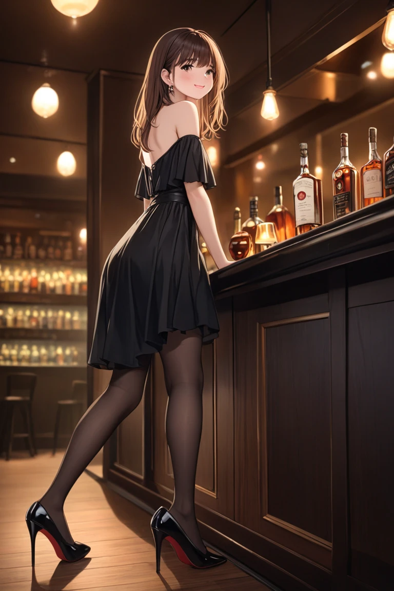 score_9, score_8_up, score_7_up, beautiful 30yo hot woman, (big beautiful eyes), (perfect eyes), (detailed face) , tanned skin, tan lines, (glossy black hair, bun/updo haircut), athletic body, ((huge natural breasts)), (perfect toned ass), (smirky), ,  ,(lace cropped top, covered ), , tavern, pantyless, (black  sheer stockings), (20cm high heeled stilettos), from side, butt, ( table), (perfect ), ( ass)1.2, by Serpieri, perfecteyes, sharp focus, beautifully detailed woman, (detailed eyes and face), realistic, (:0.4), crowd in the background, detailed background, welcoming, (long straight toned legs), (looking back at viewer) ,(highly detailed), (detailed eyes and full face), (full face visible and detailed), full body, score_9, score_8_up, score_7_up