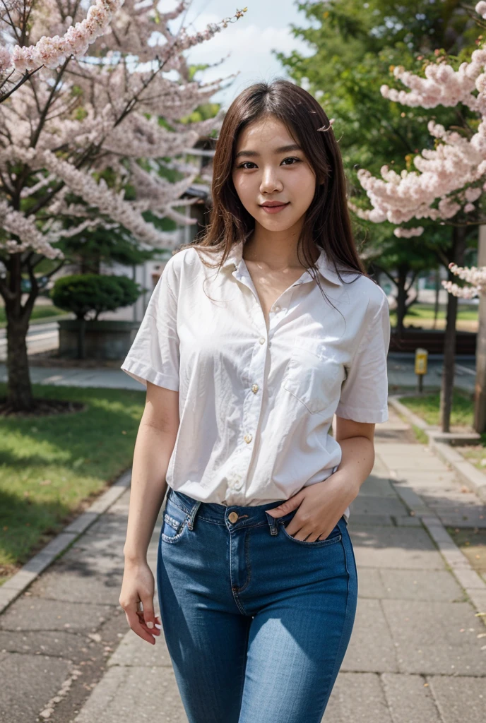 8k, Raw photo, highest quality, masterpiece:1.2), masterpiece, highest quality, figure, Very detailed, Fine details, High resolution, 8k,wallpaper, Perfect dynamic composition,(Detailed high quality, Realistic depiction of eyes:1.3)、A woman who has been  and tied up、Hands behind your back、Standing by the lake、Facing forward、２１talent、Beauty、Well-formed face、Make your eyes even、Beautiful black hair、Has bangedium build、Well-balanced proportions、Beautiful legs、Short sleeve shirt、Long skirt、
