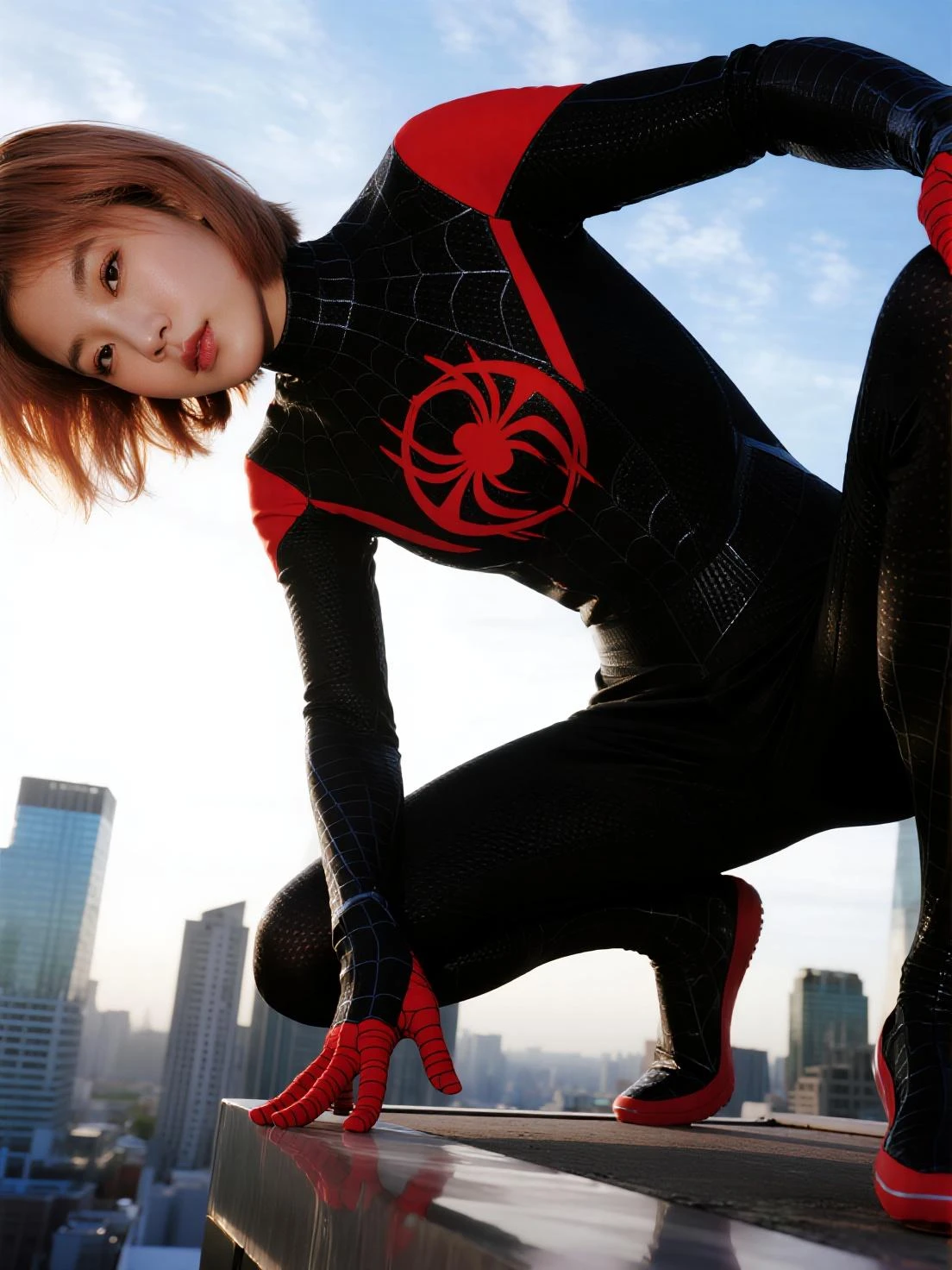 Gwen Stacey as Spidergirl, wearing a white-black-pink spidergirl costum made of spider web, 8k, uhd, sporty slim and fit body, determined face, detailed face, body