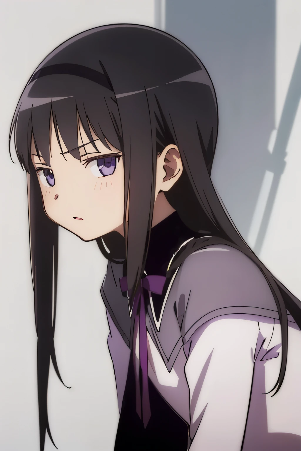 homuramagica, 1girl, solo , front view, looking at viewer, long hair, straight hair, (long horizontally face:1.3, short vertically face:1.3), purple eyes , serious, whole body, standing, ,shooting the gun , grenade, slender body, flat chest, Masterpiece, super high resolution, detailed eyes , detailed face