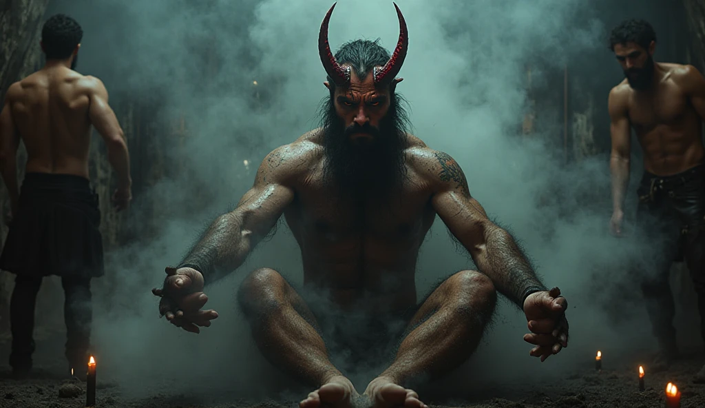 cinematic film still of  <lora:Greek Mythology style v2:0.8>
in Greek Mythology style, sharp detailed cinematic image, In ancient mythical legendary world, satyr creature monster a man with a goat head and a goat tail, ancient Greeks, historical mythical movie themed, sharp, detailed, epic cinematic photography, artistic creative style, dramatic light style, cinematic color style, Kodak film style, Greek mythology style, solo, looking at viewer, brown hair, 1boy, male focus, nude, horns, signature, muscular, facial hair, parody, abs, muscular male, demon horns, beard, realistic, manly, chest hair, leg hair, arm hair, fine art parody, navel, nipples, pectorals, yellow eyes, navel hair, hairy, shallow depth of field, vignette, highly detailed, high budget, bokeh, cinemascope, moody, epic, gorgeous, film grain, grainy