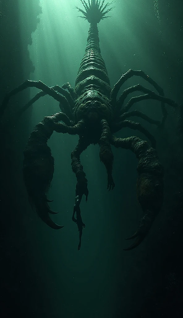 (extremadamente detallado, obra maestra, La mejor calidad), Estilo oscuro, intense illumination, rostro con arrugas, mujer crucificada, tentacle, monstruoso, interior de una piscina de agua, imagen submarina, alien con Colmillos finos. manchas de tinta. Rococo composition. Luz de caravaggio