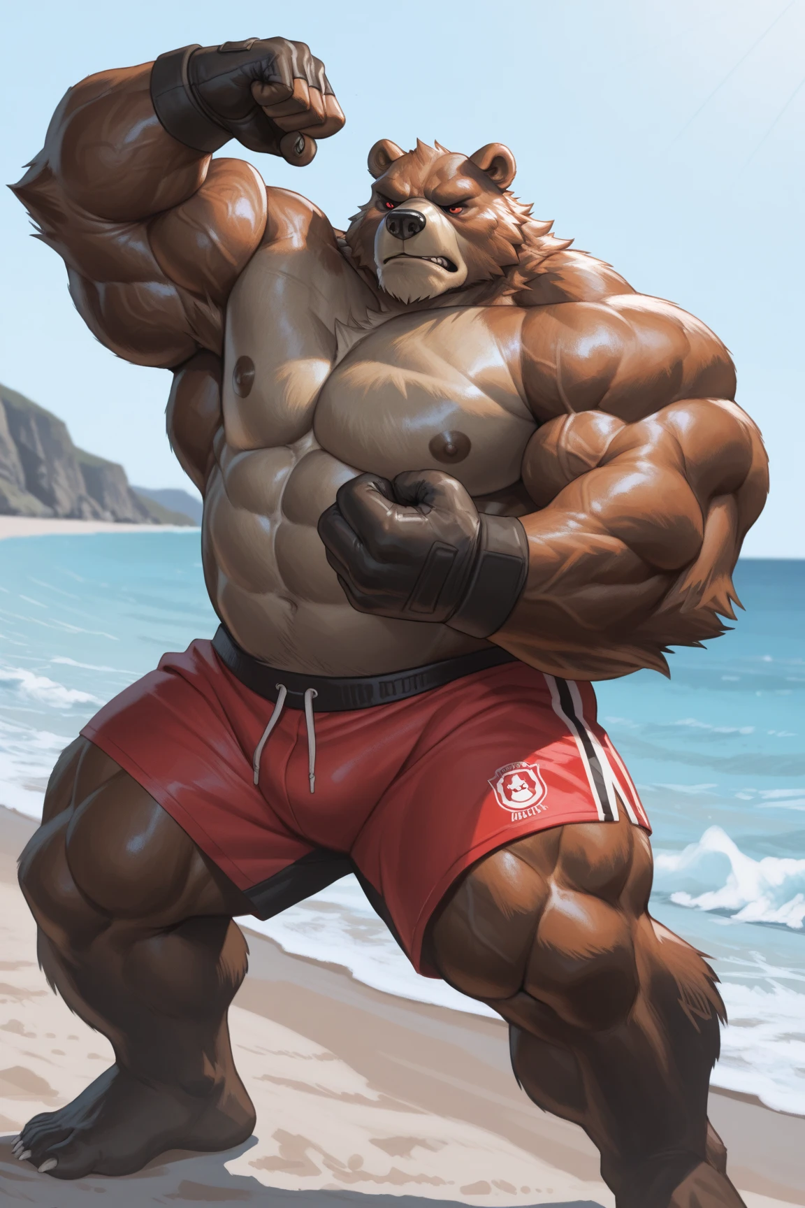 solo, 1boy, Huge Muscular Old Grizzly Bear wearing glasses , pectoral, huge pectoral, wide pectoral, brown fur, short white hair, short black competitive briefs, wristbands and shirtless , bearded, Mustache, muscle beach background, front row, 
masterpiece, high detailed, 8k, high resolution, at the muscle beach working out his chests on the cable crossover UF-T009 - UpForm machine carrying over 100lbs and 45kgs of weight equipments as pumping up and pushing up to the limits