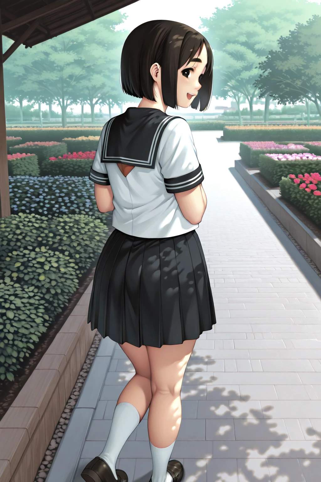 (Highest quality, High resolution, Super detailed, Realistic:1.37), Peaceful atmosphere, (Outdoor, garden), Teenage girl standing alone,(my breasts are big.),Beautifully detailed features, Cute Smile, ((Black bob hair)),Short-sleeved sailor uniform, Pleated skirt,Black tights,Brown leather shoes.
