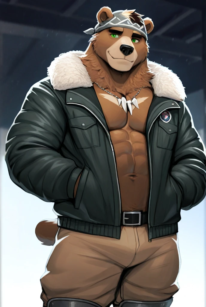 Solo, male (((retriever, brown eyes, brown iris, black pupils, muscular, big pecs, abs, folded ears, brown body, tan fur, brown hair, beard, chest tuft, tail, spiked collar, leather jacket, black jockstrap, big bulge))) standing, flustered expression, full body, perfect , by darkgem, by mystikfox61, by glitter trap boy