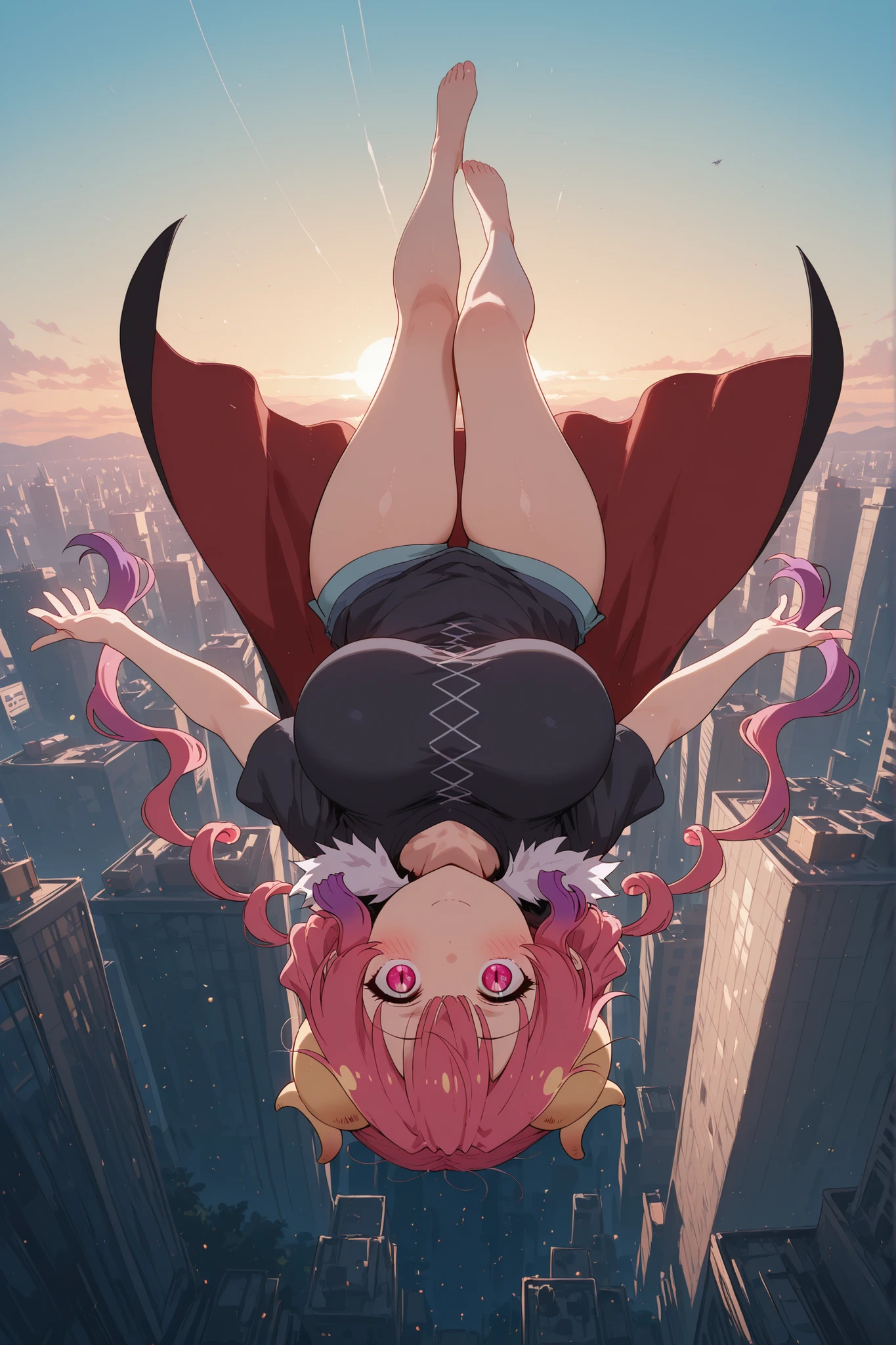 masterpiece, best quality, amazing quality, hyper-realistic, 8k UHD, highly detailed, sharp focus, absurdres, cinematic pic, 1girl, perfect face, cute face, round face, ilulu (maidragon), curled horns, dragon horns, long hair, multicolored hair, purple hair, red hair, split pupils, pink eyes, heavy blush, joyful, funny, looking at viewer, black shirt, short sleeves, cape, floating upside down, loose hair, messy hair, full body, longshot, curvy, wide hips, floating above big city, zero gravity, flying, morning light, golden hour, soft volumetric lighting, vibrant colors, dynamic pose, ultra-detailed background, futuristic metropolis, neon reflections, atmospheric perspective