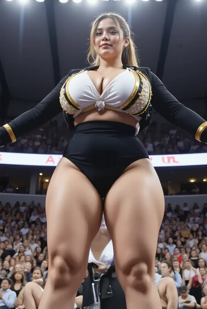 Photo realistic, bbw, huge ????, cleavage, realistic lighting, very thick, huge thicc chunky thighs, young, white hot blonde girl, detailed face, wide ????, ????????, squishy, posing seductively, pushes up ????, huge ???, ???? pose, cheerleader, ????? look