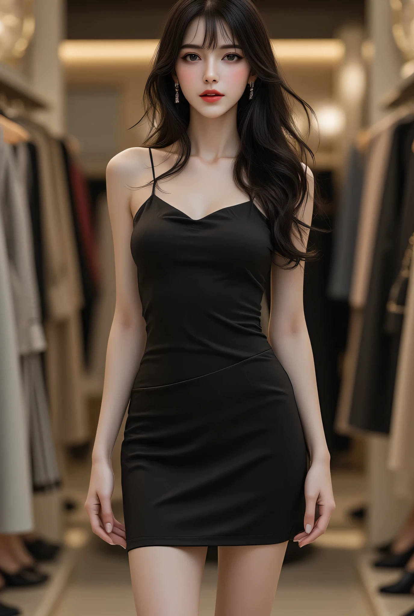 Obra-prima perfeita,(( Beautiful Caucasian woman )) de cabelo preto, pele clara,(( perfect asymmetric anatomical body)), wearing an ultra detailed and well-defined short black dress, black women's shoes. She is in a luxurious clothing store, sophisticated environment, , meticulously detailed and well defined. ((ultra realistic image)), qualidade (8K) perfeita, all the sharp elements and impressive look.