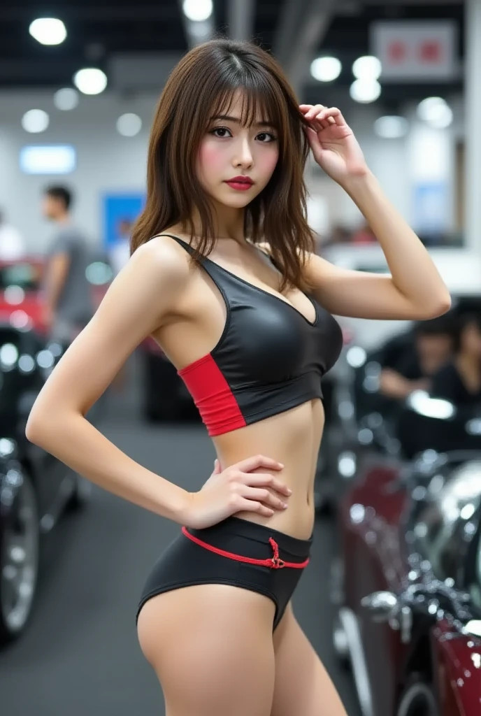((top-quality、8K、​masterpiece: 1.erfect Body Beauty: 1.4、Slender Abs: 1.2、Beautiful woman with slender abs:1.3、(Highlight Haircutreast B Cup:1.2), medium , round shape , perfect shape , (racing suit) necklace, hyperdetailed face、18year old、 Pretty women、(Dark brown short-cut hair), Slim Face、Highly detailed facial and skin texture、very detailed lips、opens legs、top-quality、​masterpiece、超A high resolution、(Photorealsitic:1.4), long shot , standing , boots, (blur background, sunset light ). 