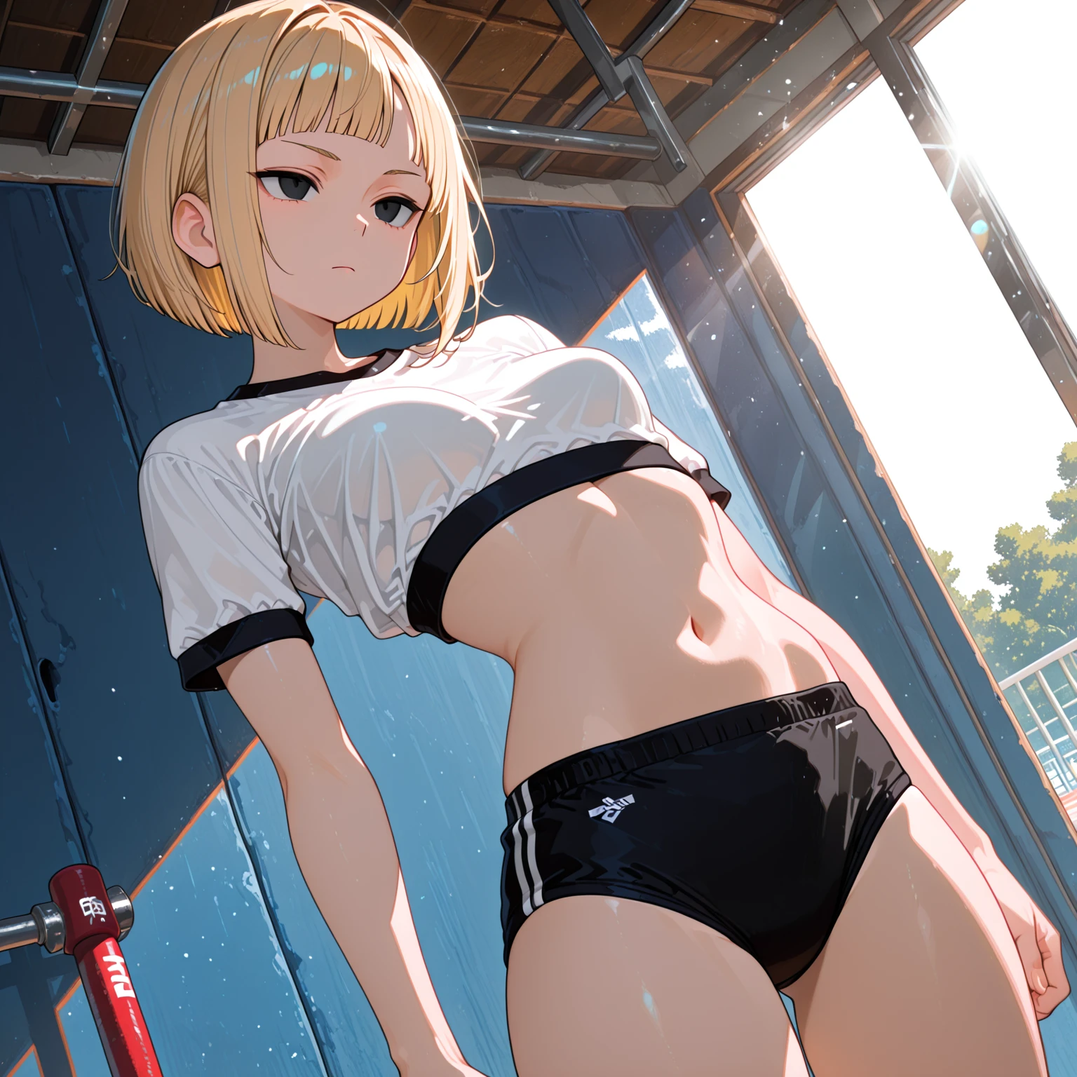 Japanese junior high and high school girl Athletics Club activities Outdoors Raise both arms wide Raise one leg While running Beautiful girl Blonde Short hair Small breasts Slim Beautiful legs Her skin is delicate and beautiful White tank top White  Navel  Her whole body is wet with sweat Her hair is wild and disheveled Yes Shy expression View from directly below