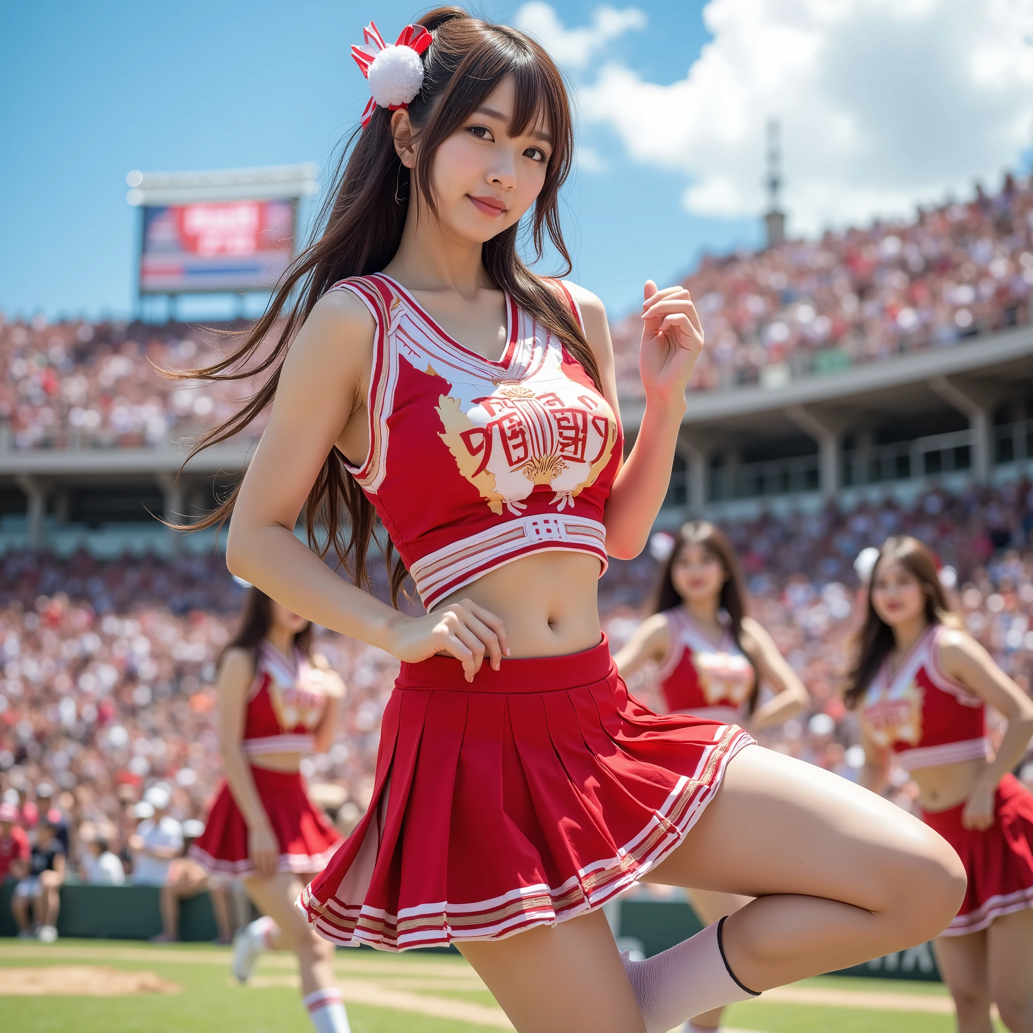 . A vivid, realistic scene of a top Japanese idol, . Cheerleaders are captured performing a dynamic dance in front of a packed crowd., Gals Cheerleading, Red and White Uniforms, , she gracefully raises her leg, , embodying the ultimate feminine beauty. in her vibrant cheerleading outfit, . Featuring a pleated skirt in bold team colors., flowing gracefully with her synchronized movements. . The background shows a crowd of enthusiastic fans, Chants rhythmically, , an enthusiastic fan waves a fan, and holds a handmade banner, Under the strong midday sun、. Set against the backdrop of the iconic Koshien Stadium. . The lush green outfield and red-brown diamond dirt sparkle brilliantly., . Clear blue skies and wispy clouds enhance the atmosphere.. The scene is young々 pulsating with the vibrant energy of passionate, School Pride, and the unique enthusiasm of Koshien cheering culture, Surreal, . Sharp details and cinematic style, bright color, and dynamic motion....,Her breasts are super huge,her skirt is super mini