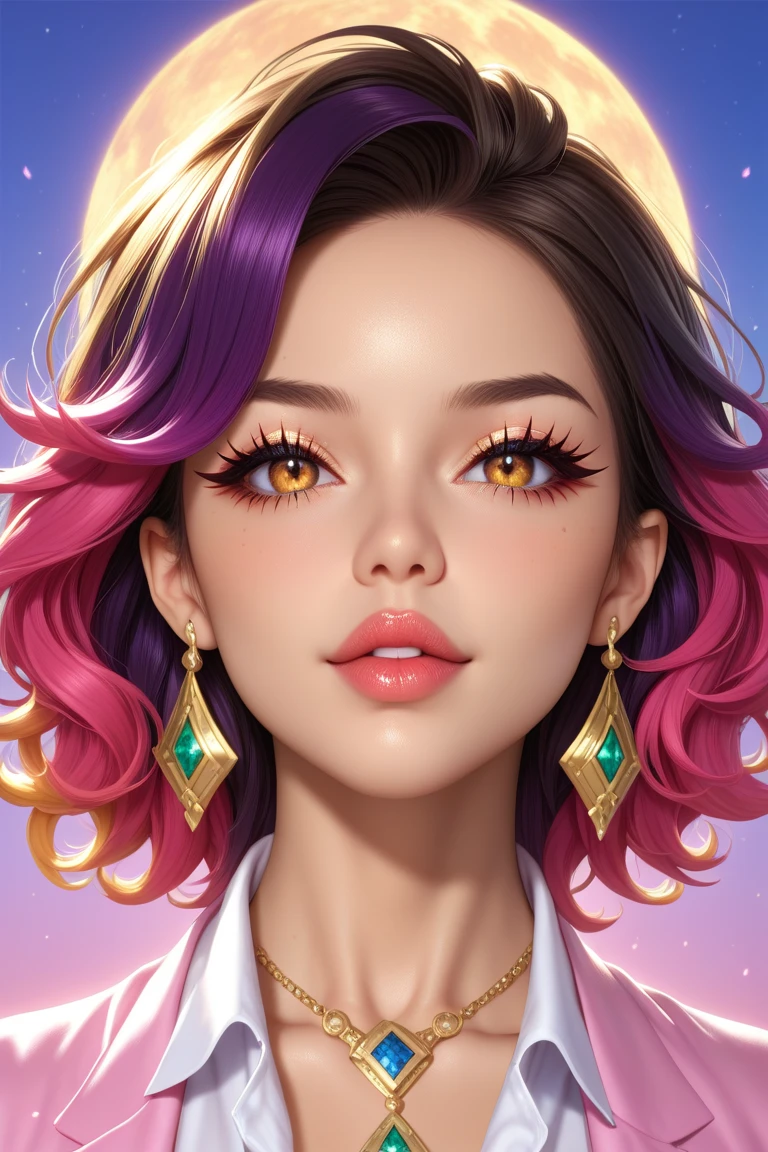 She is a yellow  with a slightly darker yellow  and red lips. She has a purple shell with three round pink stripes. SPARKLE; GLITTER