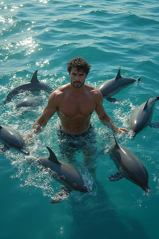A man with a beard, a very attractive man, a handsome man, a man with a beard, Realistic hair! a man with a beard, a man with a tattoo, a tattoo arm, a charming man, a handsome man, a handsome man, a male characteristic, a round beard, a square line, 8k handsome tall! Furry ????? muscles, 4K,! A man Play with dolphins on the sea! The background is the seaside in summer! Sun-shined skin! Surprising action! Play with dolphins on the sea! Hot appearance! Shorts! White tight swimming trunks! Small head! Elegant! Fashion!! HD, 8k, buzzing editing!! Surprising posture! Muscular, ????? hair, hairy ????? muscles! ???? machine, masterpiece, best quality, high resolution, detailed background, strong figure, very, male, about 20 years old, rough and handsome, muscular tissue, too many muscles, ????? muscles! ???? and provocative! Detailed background, best quality, masterpiece, (muscle: 1.5), (furry hair: 1.5), (body hair is gray: 1.5), (full-body portrait: 1.5), (skin gloss: 0.5) full-body portrait! SLR camera: 1.5, best quality: 2, masterpiece: 2, atmospheric, epic, spotlight, reflection, emphasis, very detailed, depth of field, clear focus, meticulous texture, realistic, Fuji XT3, high-quality shadow, Hollywood-level visual effect, tough realism, amazing atmosphere, provocative, handsome and high-breasted hair, award-winning posters, highly detailed HD, (best quality, realistic), (dark, feeling) (Tyndel light effect!) Cinema lighting), 3D! One person, detailed black eyes, small head! Long legs!