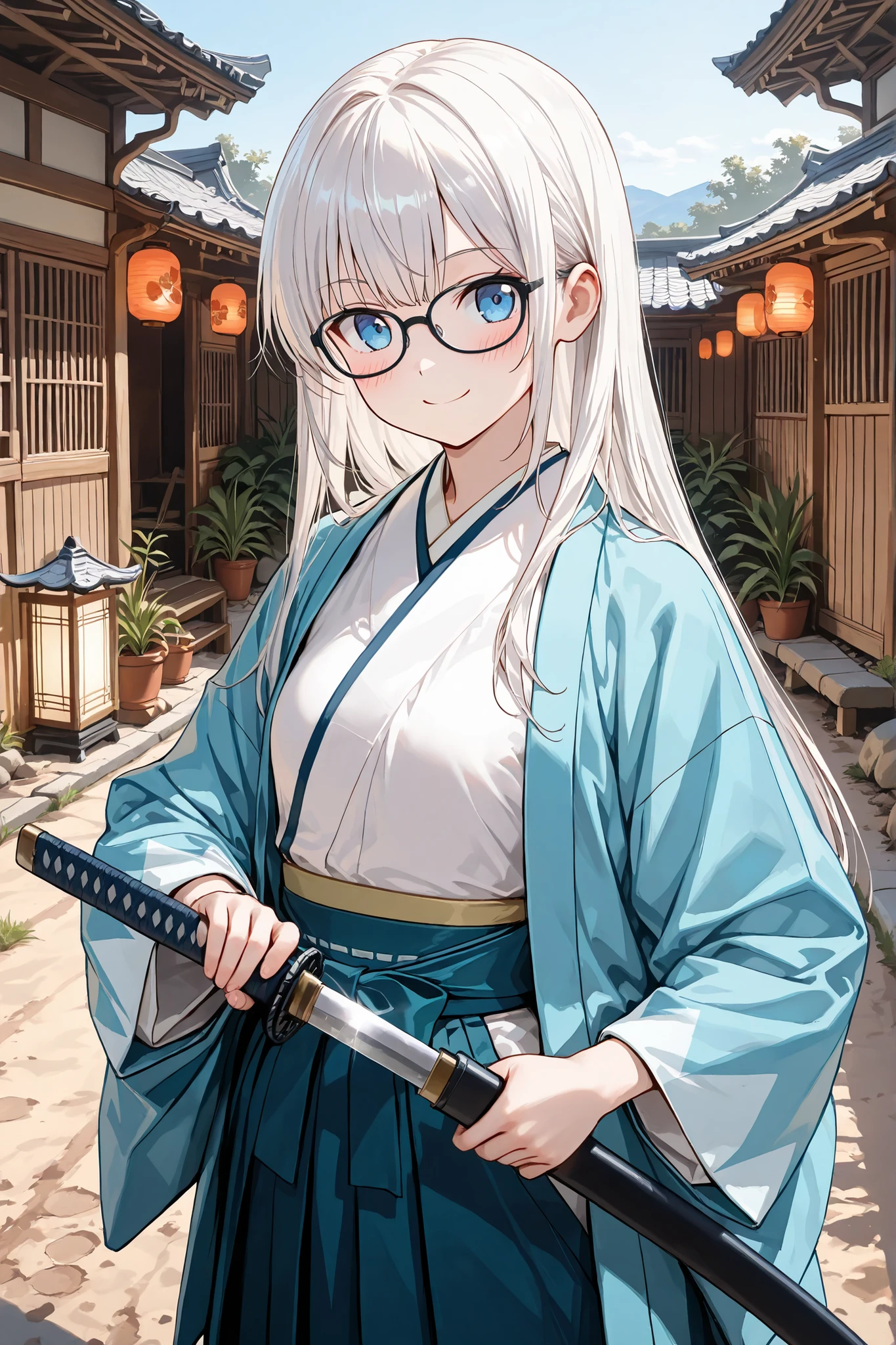 (masterpiece), (best quality), ultra-detailed, 8k, sharp focus,(semi realistic),
1 girl,young female,solo,kawaii,white hair,long hair,straight hair,baby face,vivid blue eyes,(small ),
((black eyewear)),(full rim),(detailed glasses),
a girl wearing a Shinsengumi-style outfit, light-blue haori with white stripes, hakama,
holding a Japanese sword confidently,smile,blush,
standing in a movie-studio-style Edo-period street set,
wooden merchant houses, lanterns, dirt road, classic samurai-era atmosphere,
soft cinematic lighting,morning,blue sky,
clean detail, dynamic yet composed pose,Attack Stance,upper body,