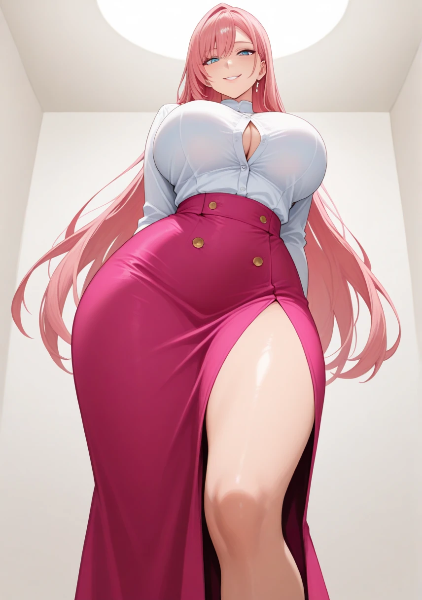 A woman，Pink long hair，White nurse cap，Wearing white nurse uniform，Long legs，Nipple protrusion，Twenties，exposed，White high heels，Huge breasts，超级Huge breasts，Standing