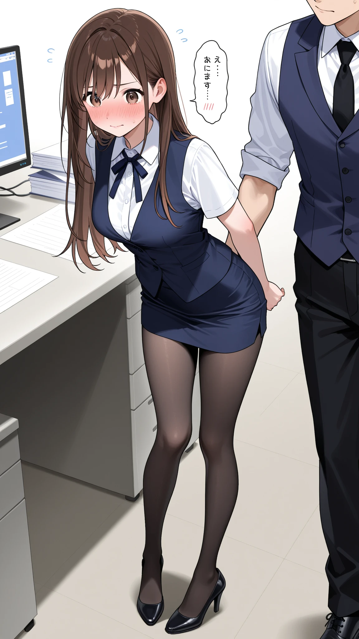 office lady、Data room、Waist-length hair tied in a high ponytail、Move the tick part to the side、Big breast beauty（Tall Woman, Slim figure, Firm breasts）、Estrus、 、Squat、A man grabs a girl's legs ＭLifting with 、 in （The  reaches the ）Inserted（ＳＥＸ）、in the middle、 Dripping from the 、Showing 、Thin pubic hair、Open your jacket、Show your breasts、 、Dripping saliva、Red cheeks、Dementia smile、close your eyes、A close-up look at thighs from a low angle、、Cowboy Shot、Front facing,Realistic photos、、、、Front tucked up、From below、、