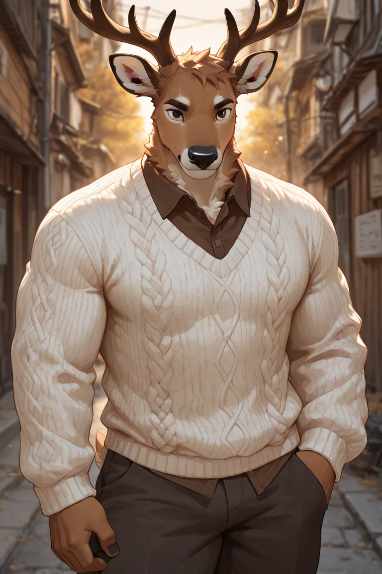 owen lorelei, muscular male, purple eyes, smile, (pose:1.3), (posing:1.3), (soft shading), 4k, hi res, ((detailed face(mad), detailed)), (full body), by zackarry911, by zaush, (by personalami:0.5), jacket, brown jacket, white sleeves, , , big long (harden),((5 inch long)),((25 inch wide)), big ,POV