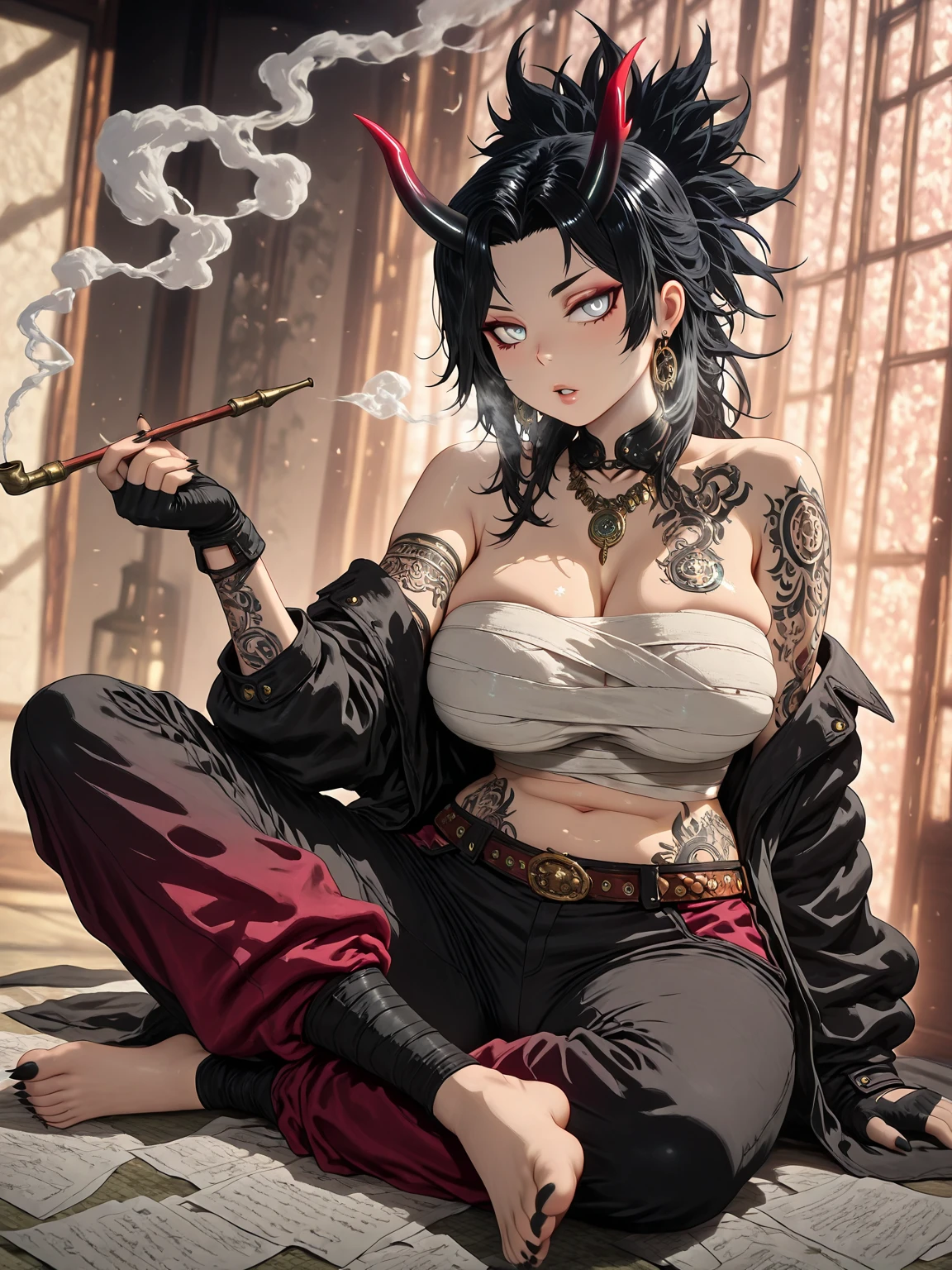 Meteor, Manhwa, L_Cation2, babu-style, Hgk, (jtveemo-style:1.2), (neoartcore-style:1.3), (vertigris-style:1.4), (ie_(raarami)-style:1.3), (shiroshisu-style:1.2), ((anime coloring, anime screencap)), shiny skin, Hand drawn, cinematic, Sharp focus, humorous illustration, big depth of field,(cellulite:1.2) Masterpiece, ((cinematic, backlighting)), concept art, trending on artstation, Vivid colors, Simplified style, trending on ArtStation, trending on CGSociety, Intricate, Vibrant colors, Soft Shading, Simplistic Features, Sharp Angles, Playful, (voluptuous body:1.4), (mature female:1.4), ((anatomical correct)), perfect body, perfect eyes, perfect fingers, gasping, (glowing eyes:0.8), heavy breathing, gasping profusely, ((skindentation)), ((curvy, thigh gap)), hiratsuka shizuka, long hair, black hair, grey eyes, bright pupils, plump, 1girl, smoking_Pipe , holding_smoking_Pipe , alone, smoke, horns, Jewelry, Kiseru, sitting, tattoo, gloves, Fingerless_gloves, sharp_fingernails, fingernails, foot, earrings, Sarashi, black_nails, _shoulders, holding, parted_lips, Looking_at_viewer, Toenails, bow, indian_style, paper, sharp_Toenails, pants, navel, necklace, nail_ polish , jacket, belt, They, They_horns, smoking, makeup, black_gloves, tattoo