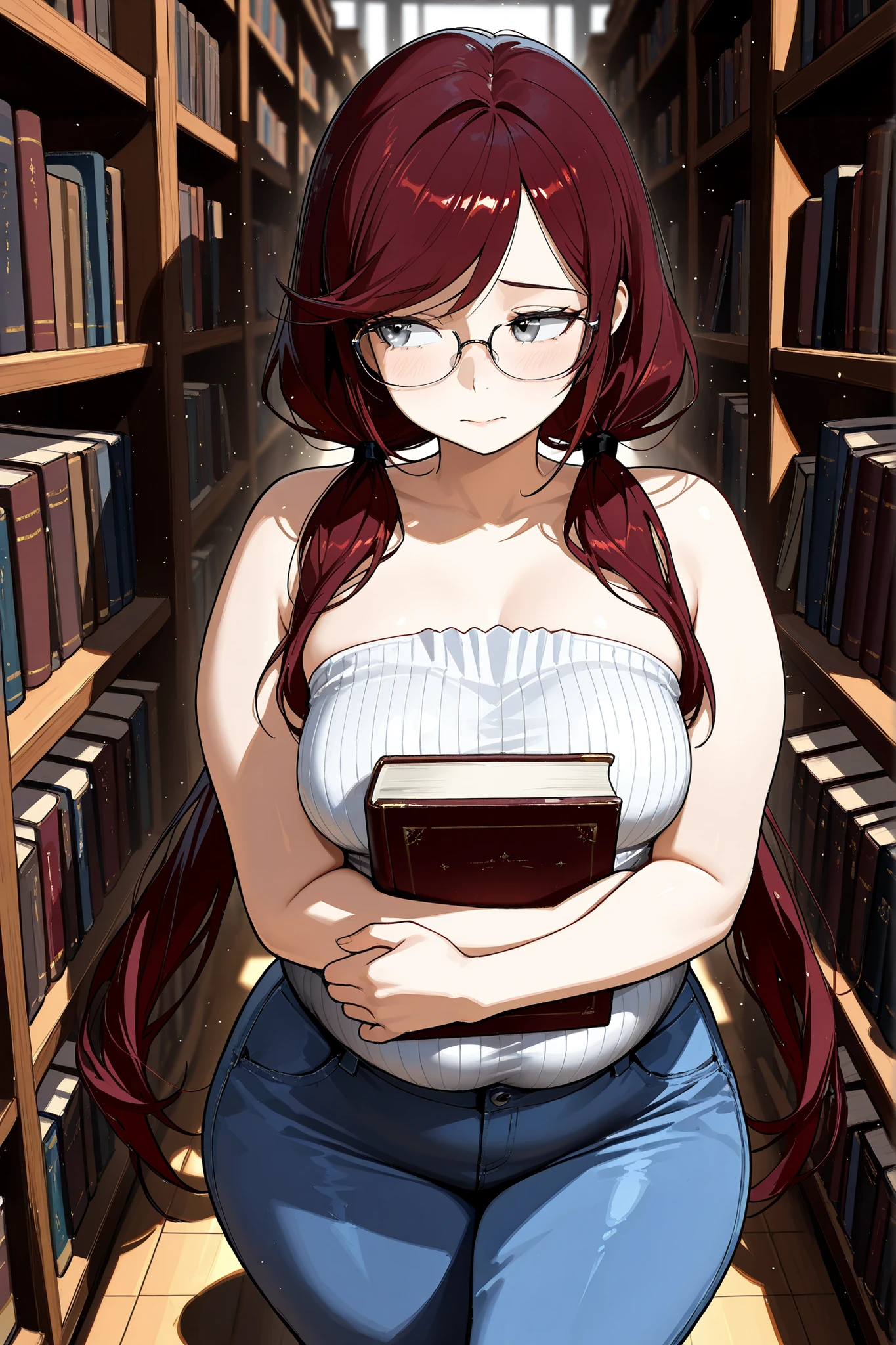 (masterpiece:1.2, Best Quality), (finely detailed beautiful eye: 1.2), (beautiful detailed face), close up, torso focus, ((carrying heavy stack of books which press into her soft body)), glasses, 1girl, shy, looking to the side, beautiful face, Gray eyes, Dark red hair, swept bangs, very long hair, strapless sleeveless shirt, white shirt, ribbed shirt, jeans, library, light particles, medium breasts, chubby, soft arms,shadows, slightly too small shirt, low twin tails, adult, mature, overweight, wide hips,