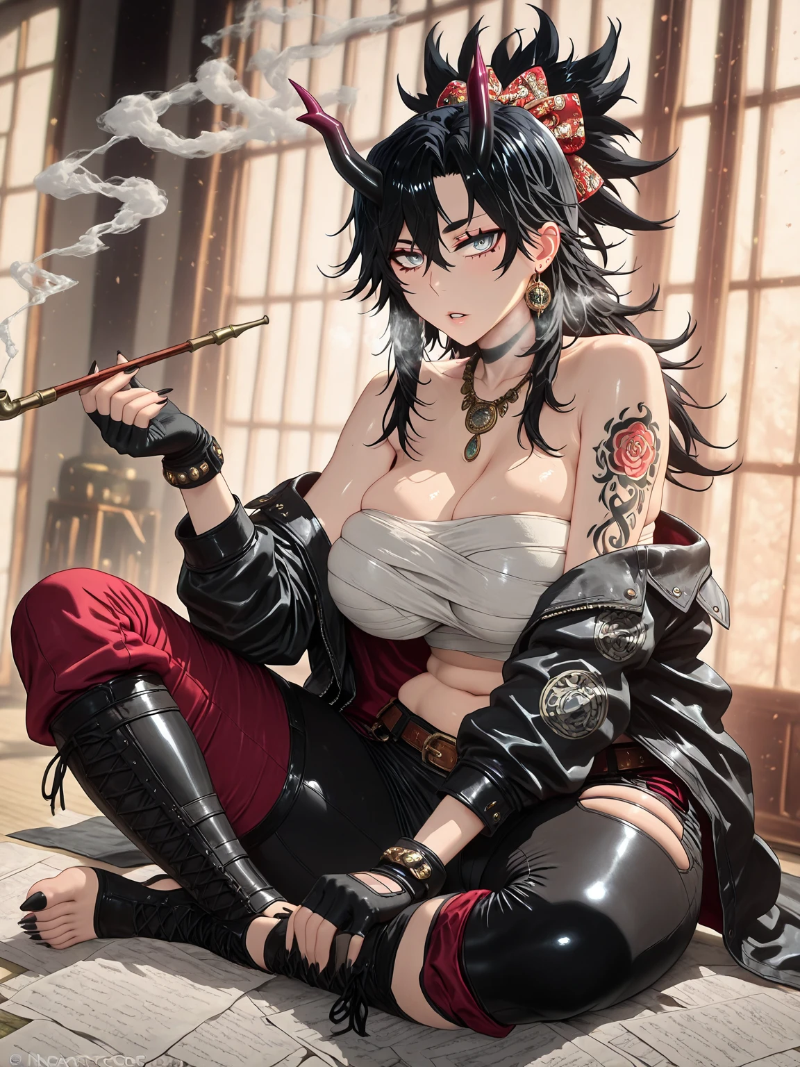Meteor, Manhwa, L_Cation2, babu-style, Hgk, (jtveemo-style:1.2), (neoartcore-style:1.3), (vertigris-style:1.4), (himadera-style:1.2), (shiroshisu-style:1.3), ((anime coloring, anime screencap)), shiny skin, Hand drawn, cinematic, Sharp focus, humorous illustration, big depth of field,(cellulite:1.2) Masterpiece, ((cinematic, backlighting)), concept art, trending on artstation, Vivid colors, Simplified style, trending on ArtStation, trending on CGSociety, Intricate, Vibrant colors, Soft Shading, Simplistic Features, Sharp Angles, Playful, (voluptuous body:1.4), (mature female:1.4), ((anatomical correct)), perfect body, perfect eyes, perfect fingers, gasping, (glowing eyes:0.8), heavy breathing, gasping profusely, ((skindentation)), ((curvy, thigh gap)), hiratsuka shizuka, long hair, black hair, grey eyes, bright pupils, plump, 1girl, smoking_Pipe , holding_smoking_Pipe , alone, smoke, horns, Jewelry, Kiseru, sitting, tattoo, gloves, Fingerless_gloves, sharp_fingernails, fingernails, foot, earrings, Sarashi, black_nails, _shoulders, holding, parted_lips, Looking_at_viewer, Toenails, bow, indian_style, paper, sharp_Toenails, pants, navel, necklace, nail_ polish , jacket, belt, They, They_horns, smoking, makeup, black_gloves, tattoo