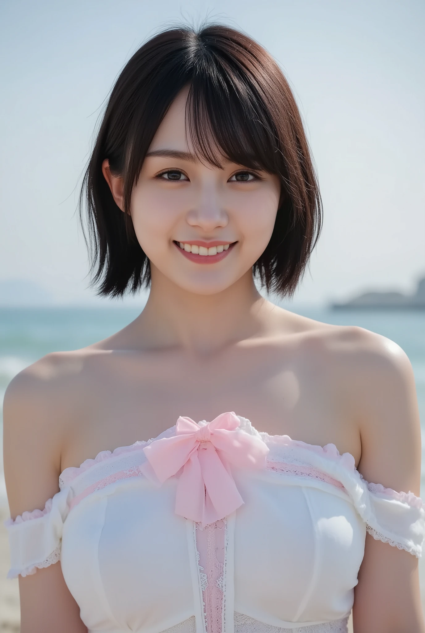 (Woman with huge saggy breasts1By people),(((super short hair))),((綺麗なとてもshort black hair with waistの女性)),(short black hair with waist),(Very short hair with black hair),Realistic Portraits,Realism,top quality,masterpiece,top quality,best image quality,Highest Resolution,fine detail that will grab your arm,beautifully detailed faces,dark eyes,accurate upper body,realistic skin,(squint and smile),and no one was at the seaside,Please observe her upper body up close and from the front,Lie down ,show me face forward,face the front and,Elaborate Upper Body ,arms are correctly shown,(On a sunny seaside),(Huge saggy breasts),Indoor,(squint and smile),emitting light,