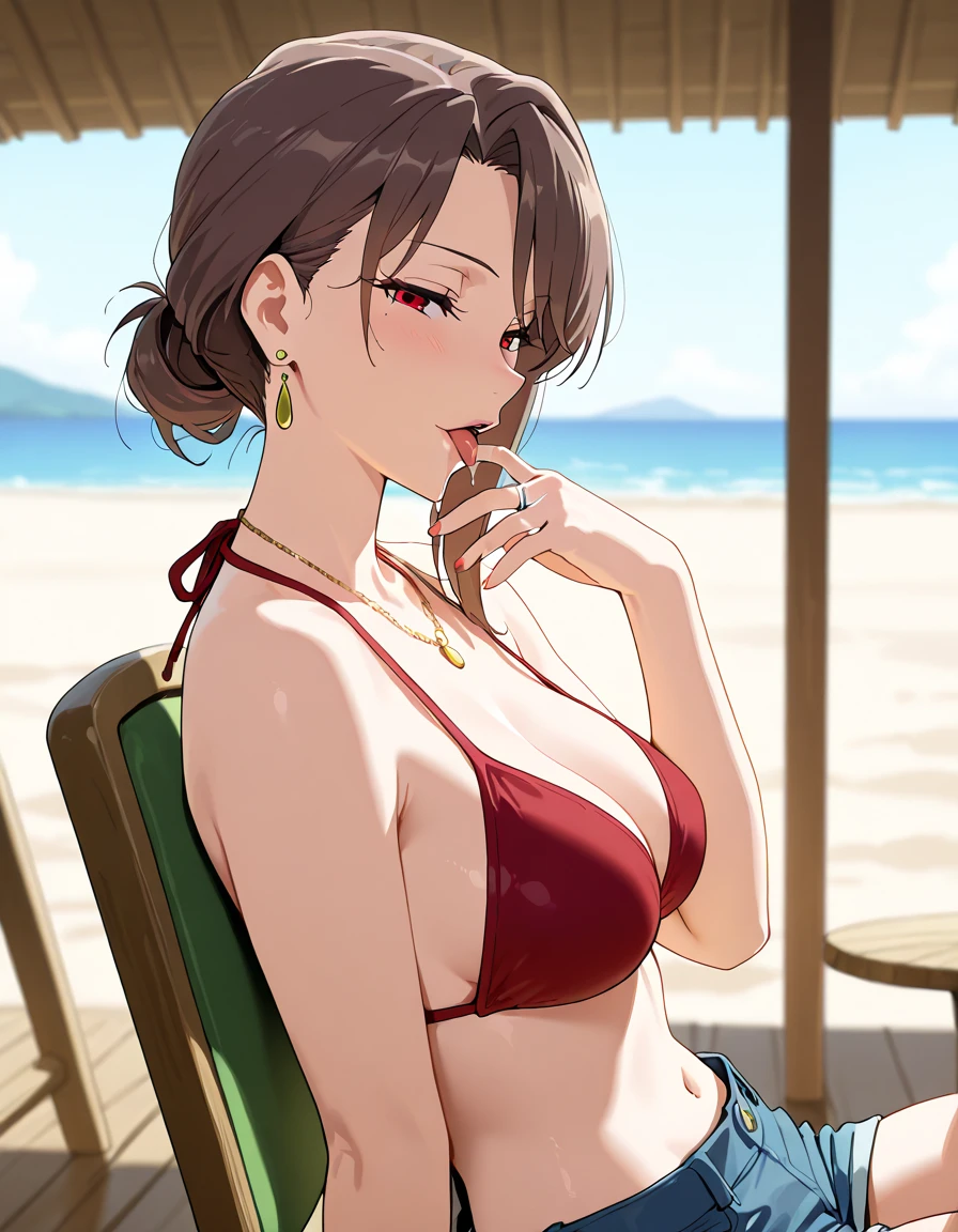 score_7_up, anime screencap,
<lora:SoloMaxLevelNewbie_BaekSeolinXL:0.9>, BaekSeolin,
1girl, solo, parted lips, blush,
short hair, hair behind ear, swept bangs, brown hair, pink eyes,
o-ring bikini, red bikini, medium breasts,
crossed arms, sitting, looking at viewer,
blurry background, outdoors, beach, sunset, horizon, palm tree