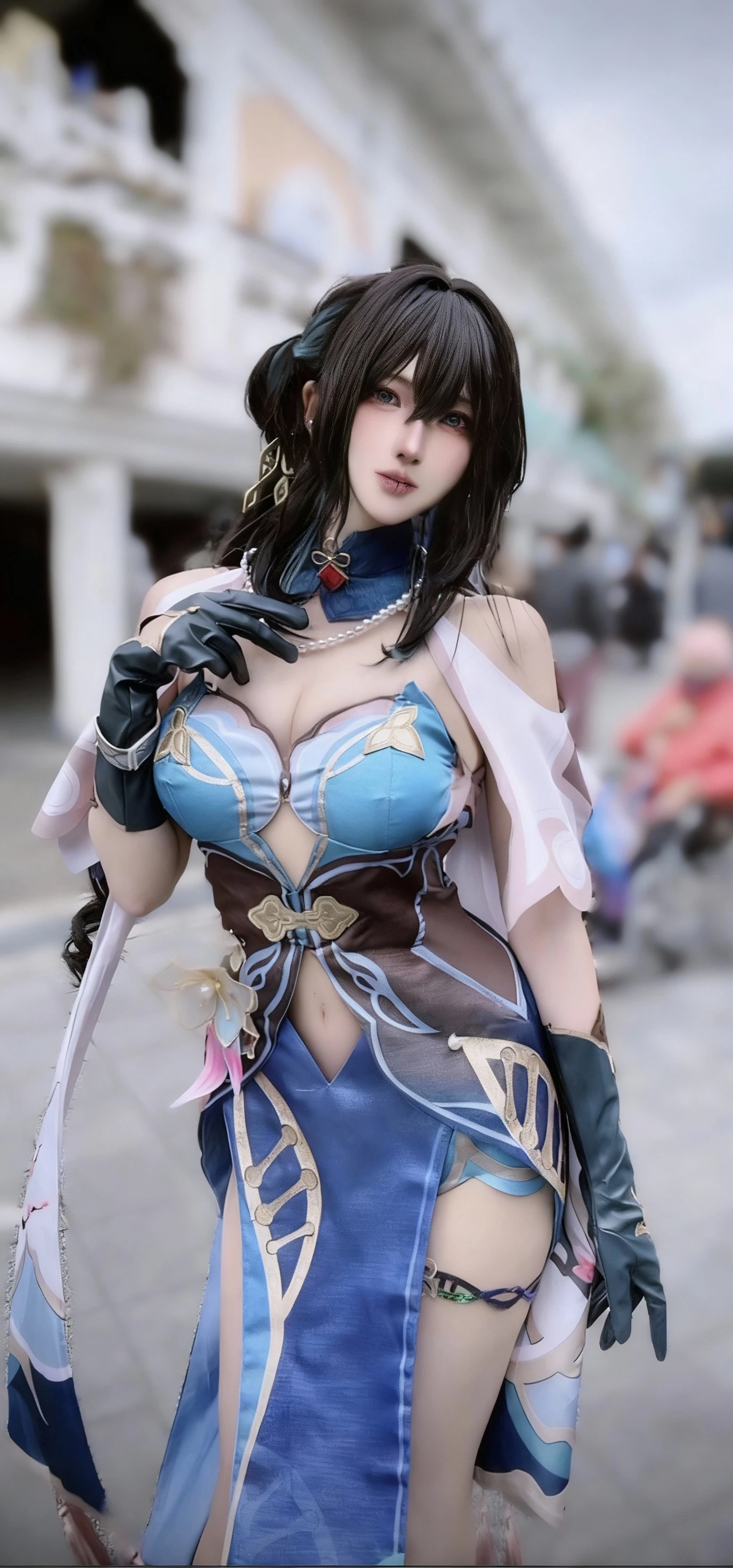 there is a woman in a blue dress and a pirate hat, inspired by Li Mei-shu, Fantasy with 4K detail, seductive mesmer woman, from ncsoft, inspired by Leng Mei, 8k octae render photo, from lineage 2, hyperdetailed fantasy character, mmo, a beautiful fantasy empress, photorealistic rendering of anime girl