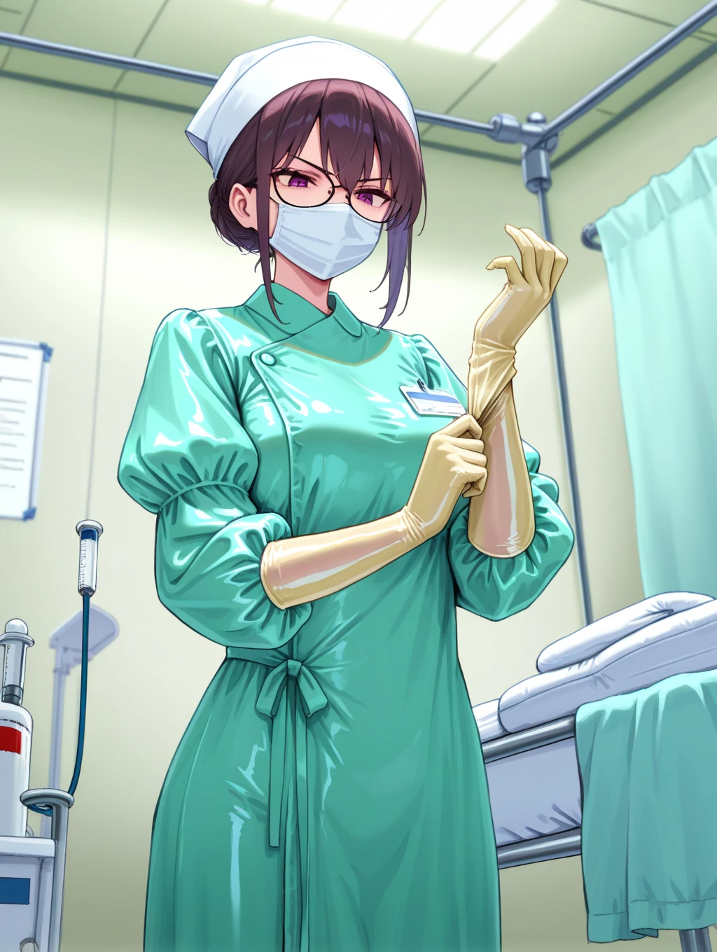 1woman, solo, nurse, white nurse cap, white nurse uniform, ((white legwear, zettai ryouiki)), white gloves, pink hair, green eyes, drooping eyes, ((white surgical mask, covered nose)), standing, ((hospital room)), sharp outline, short sleeves, mature female, 32 years old, best quality, masterpiece