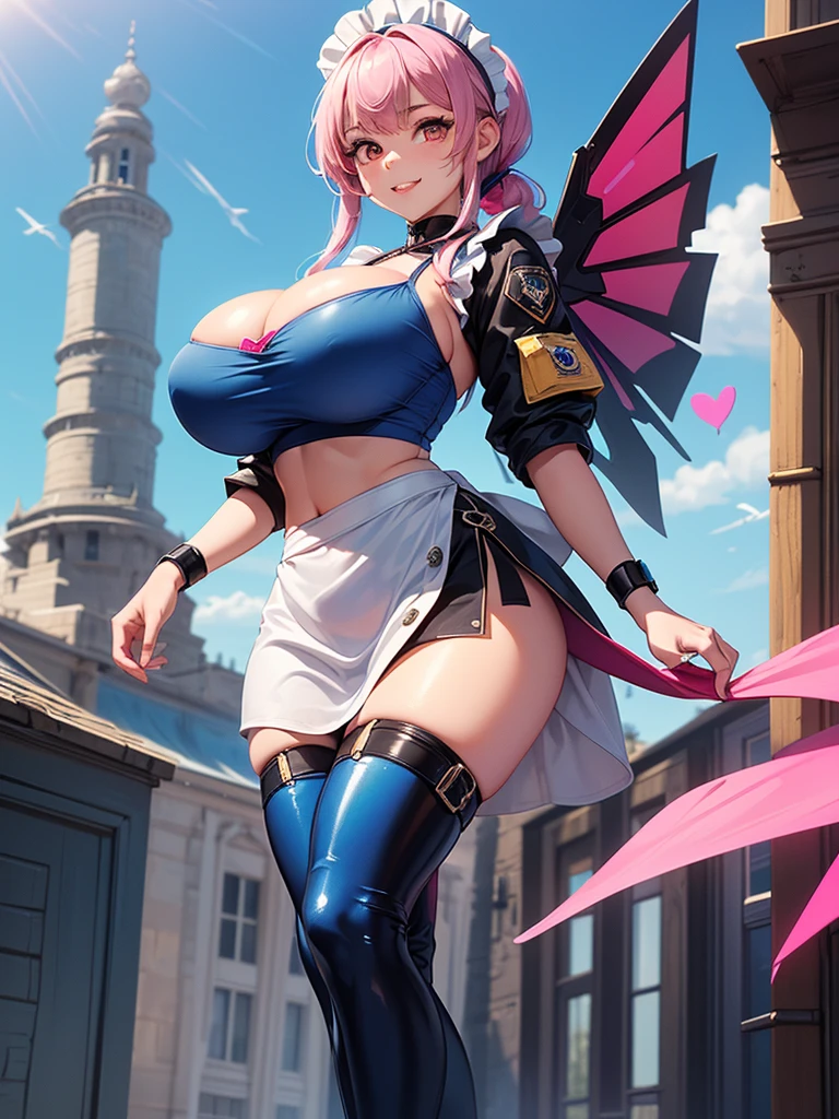 (((best quality))), ((ultra-detailed)), (((masterpiece))), (illustration), ((an extremely delicate and beautiful)), ((super detail)), ((high resolution)), (((20 years old))), ((metallic cloth)), (athlete), (super heroine), (android), delicate metal decorations, gleaming skin, shiny body, two legs,  focus, (((tall))), slender legs, ((big round eyes)), cute eyes, drooping eyes, ((adult)), two hands, five fingers, no extra hands, elegant smile, braid, ((metallic blue)), (see-through), (dark pink), (moth green), (white), (((((ultimate humongous ))))), (shining brightly), outdoor, daytime, ((biopunk)), (hair shorter than shoulder), (medium length hair), gynoid, (metallic shining maid uniform), city, ((midriff-baring outfit)), (), , sit with legs stretched out, , ((((female )))), flood of , (right hand on the  and left hand on the ), (deep plunging neck outfit), ( top), ((clear)), ((mechanical wings)),