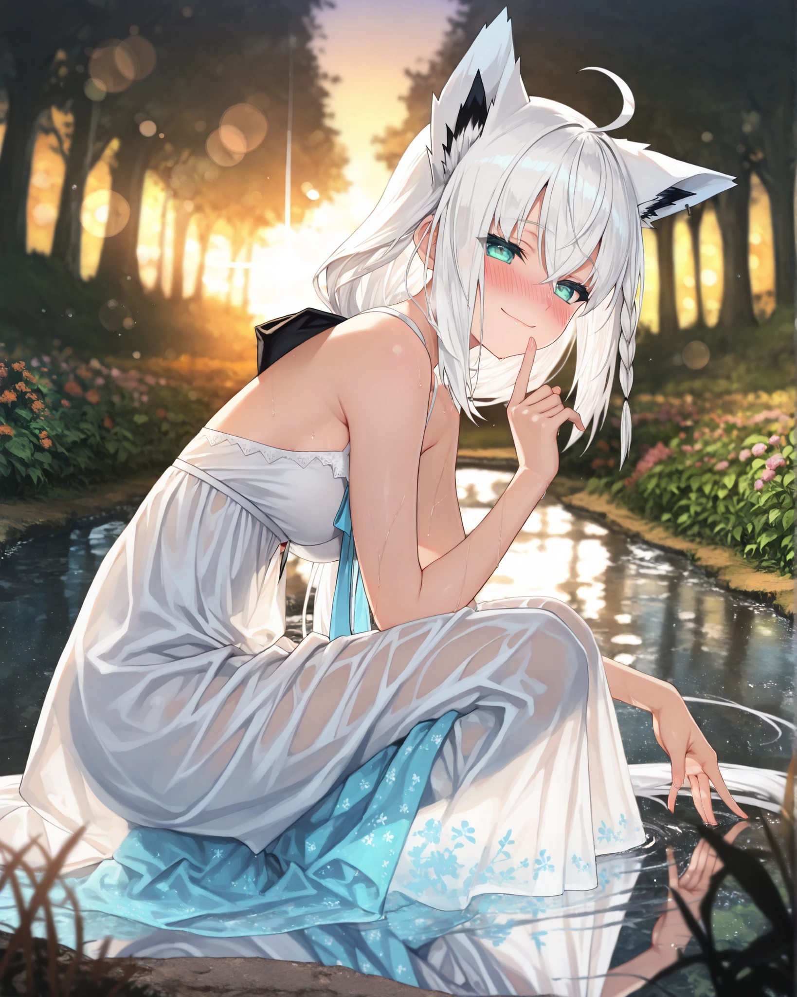 1 sexy gal , Shirakami Fubuki_(ホロライブ), solo, (masterpiece, top quality, highly detailed depiction, incredibly high resolution, high quality anime picture), (voluminous A-line silhouette), (seductive gestures),
happy,
reflected light in eyes,
romantic atmosphere, warm highlights, soft focus, subtle bokeh, soft edges,
(perspective:1.4), Depth of Field, blurry foreground, blurry background, bathing
blush, shy, moist eyes, embarrassed, seductive smile,
white dress, sheer fabric, nature motif,mystical, wet
kneeling, touching water surface,
outdoors, enchanted forest, fantasy world, english garden, garden pond, garden stream, garden path,
spring, twilight, windy, sun light,
light particles, lens flare,
wide shot, from side,
portrait,
highest quality, UHD, retina, masterpiece, accurate anatomy, super detailed, high quality, best quality, 8k,
detailed background, perfect eyes, detailed eyes, (masterpiece, detailed:1.2), Flatline, cool colored, ((high_quality)), ((Super_Detailed)), perfimperf, dynamic angle,