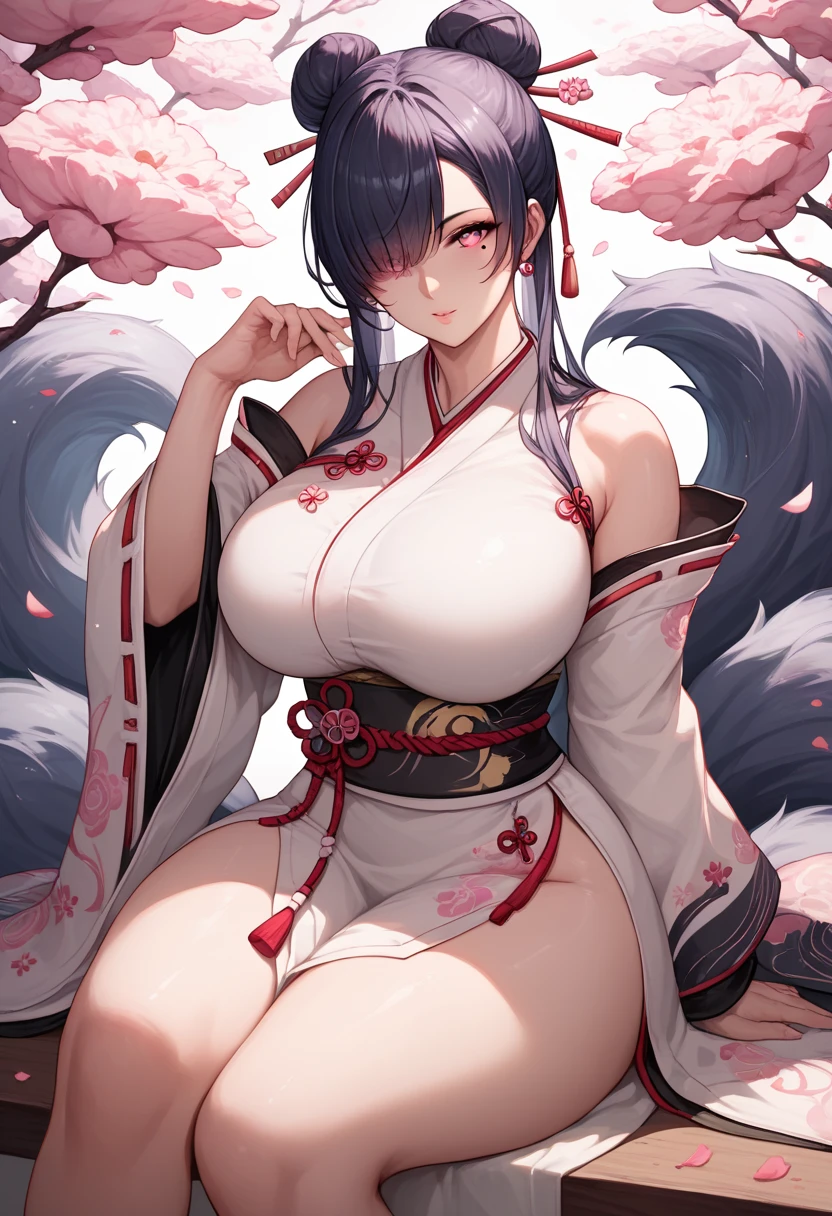 anime_source, (masterpiece), best quality, expressive eyes, perfect face, score_9, score_8_up, score_7_up, 1girl, ahri, animal ears, bangs, black hair, ???? shoulders, ???????, cleavage, facial mark, fox ears, fox tail, groin, highleg, ?????????????, lips, long hair, looking at viewer, multiple tails, navel, outdoors, smile, solo, tail, vastaya, whisker markings, yellow eyes, detached sleeves, red legwear, red panties, sweat, thighhighs, underboob, pink flower, blurry background, cherry blossoms, depth of field, falling petals, flower, petals, wisteria, perfect hands, perfect fingers, lying, on side, holding cherry