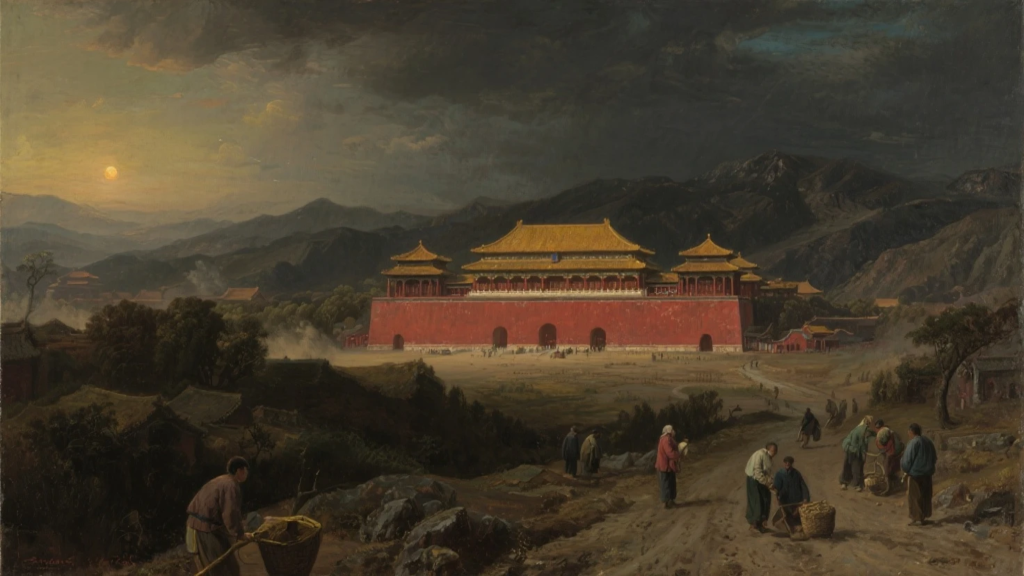 the night ，The Great Wall meanders to the top of the mountain ，Light style ，Traditional Chinese painting
