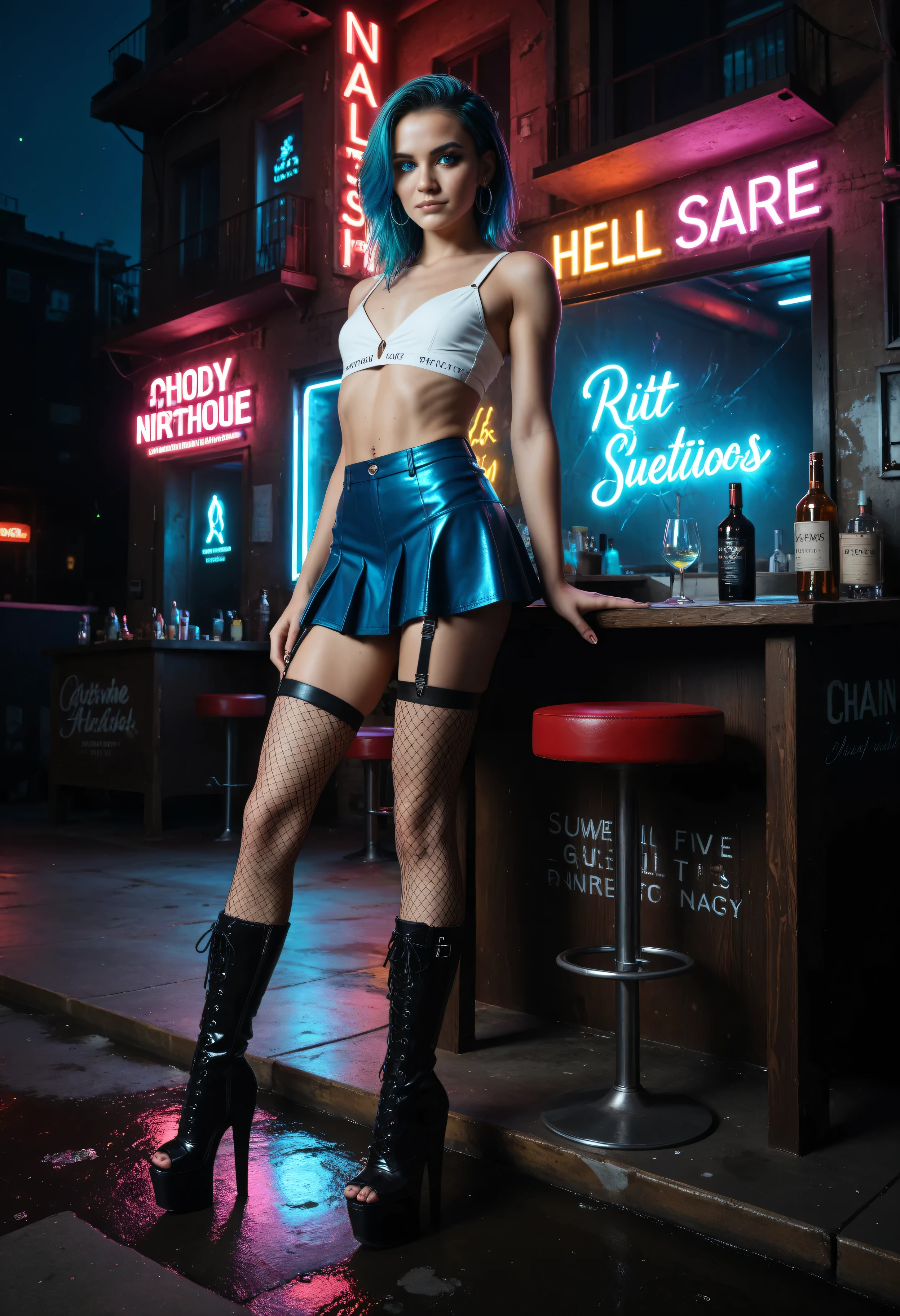 score_9, score_8_up, score_7_up, photorealistic, raw photo, cyberpunk fashion editorial style, techwear influences, neon lights, glowing elements, graffiti-covered urban outdoors, detailed face, detailed eyes, masterpiece, best quality,
cowboy shot, three-quarter body view from mid-thigh up, face and eyes still main focus (face:1.3), (eyes:1.4), slim athletic build, very thin narrow hips, small breasts, minimal subtle cleavage, woman 26 years old,
wearing provocative hooker-style outfit: white crop top barely covering breasts with deep plunging neckline, form-fitting blue skirt sitting extremely low on hips exposing inguinal lines and lower abdomen, black fuck-me boots (thigh-high patent leather platform boots with extreme high heels), fishnet stockings,
glowing intense blue cybernetic eyes with almost white irises and tiny glowing letters around the iris edge,
mid-length lightning-blue hair catching red-cyan neon highlights,
facial piercings: silver septum ring, nose stud, vertical labret piercing, double eyebrow piercings, industrial bar in left ear,
various dynamic and seductive high fashion model poses: confident direct gaze, subtle head tilt, chin slightly raised, one hand on hip or running through hair or behind neck, hip cocked, elegant poised stances with seductive sway, editorial grace and intensity, clearly showing full chrome-and-black cybernetic right arm with glowing seams and intricate biomechanical joints,
dramatic red-cyan neon side lighting from broken pawn-shop sign, wet reflections on surfaces, rim lighting on chrome elements, depth of field, ultra-detailed, 8k