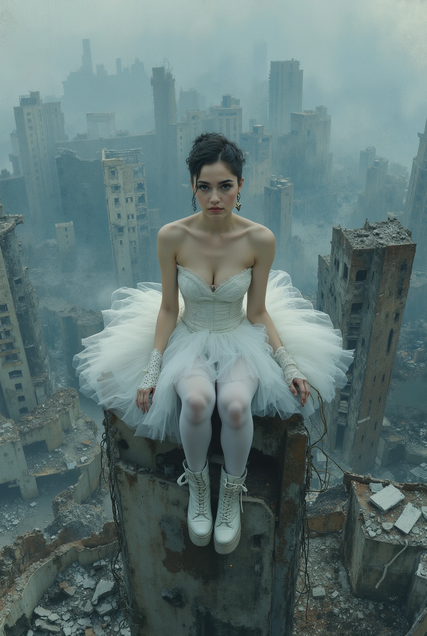 oil painting. The end of World. The digital illustration shows a beautyfull woman. She's wearing a white tutu white pantyhose and white platform boots. She is sitting on top of the ruins of high destroyed building with legs down. She has evening makeup and a hairstyle. It is wide angle shot from top. The background is a mix of abstract and urban elements, with a cool color palette dominated by shades of blue and gray. The overall style of the game is very detailed and dynamic, with an emphasis on strong and confident character behavior. Surreal digital graphics.