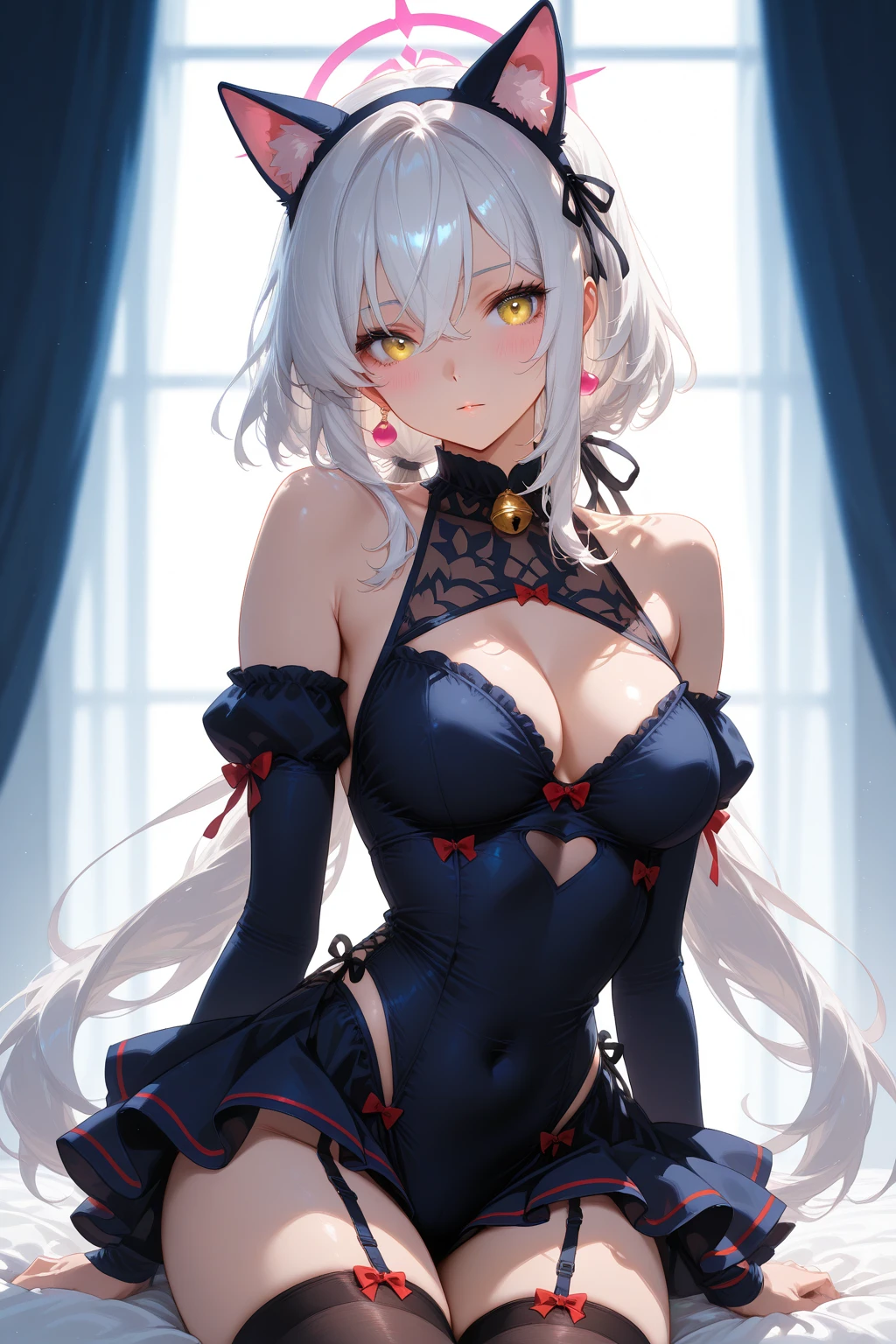 highres, highest quallity, illustration,  ultra detailed, (detailed face), (detailed eyes), cinematic lighting, best quality, hyper detailed, masterpiece,1girl, solo, white hair, red eyes, black bunny suit, black bunny ears, luminous eyes, medium breasts, cleavage, light rays, (colorful), smile, sitting, looking at viewer, indoors, bedroom, morning, window, bed, posters,  bookshelf