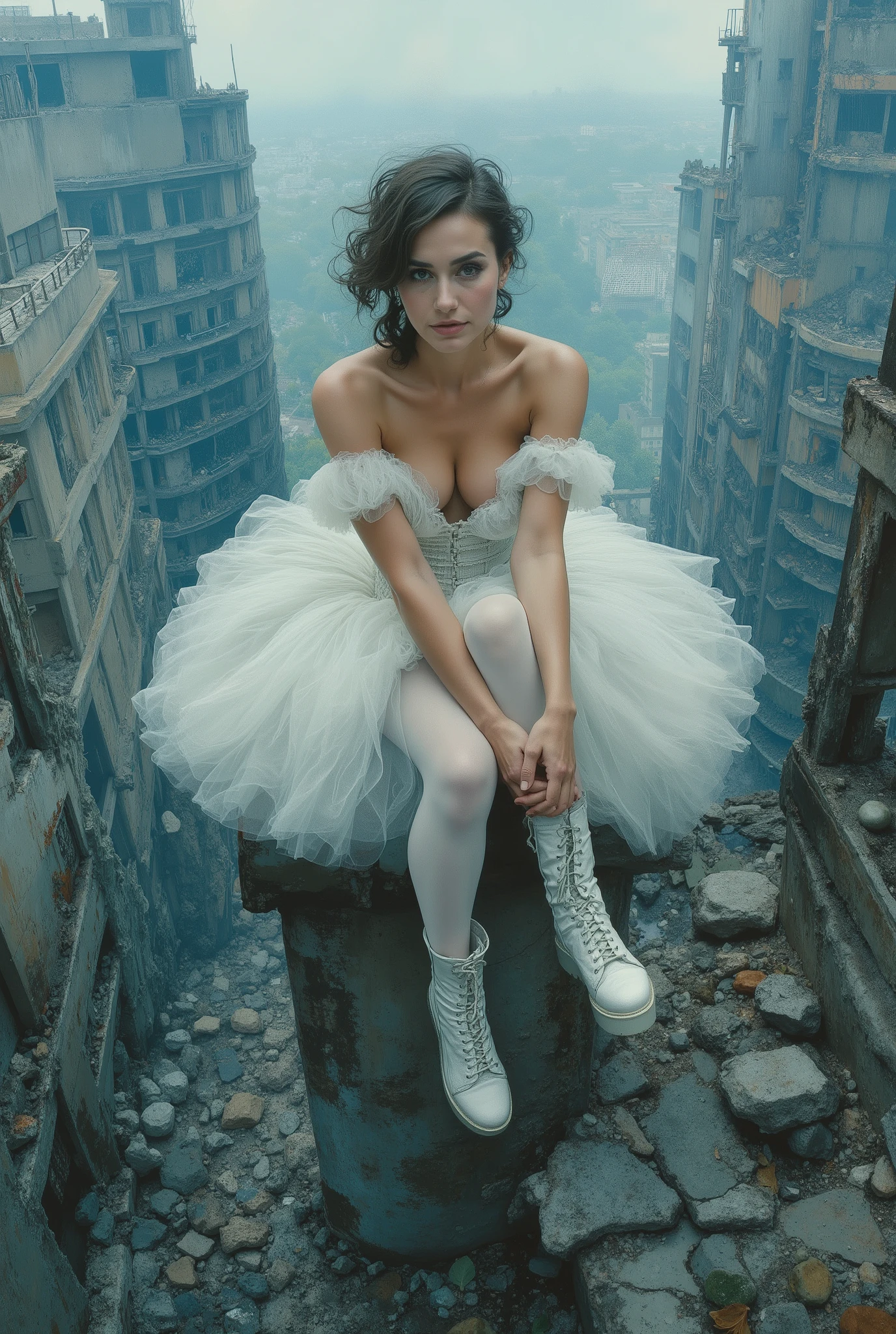 oil painting. The end of World. The digital illustration shows a beautyfull woman. She's wearing a white tutu white pantyhose and white platform boots. She is sitting on top of the ruins of high destroyed building with legs down. She has evening makeup and a hairstyle. It is wide angle shot from top. The background is a mix of abstract and urban elements, with a cool color palette dominated by shades of blue and gray. The overall style of the game is very detailed and dynamic, with an emphasis on strong and confident character behavior. Surreal digital graphics.