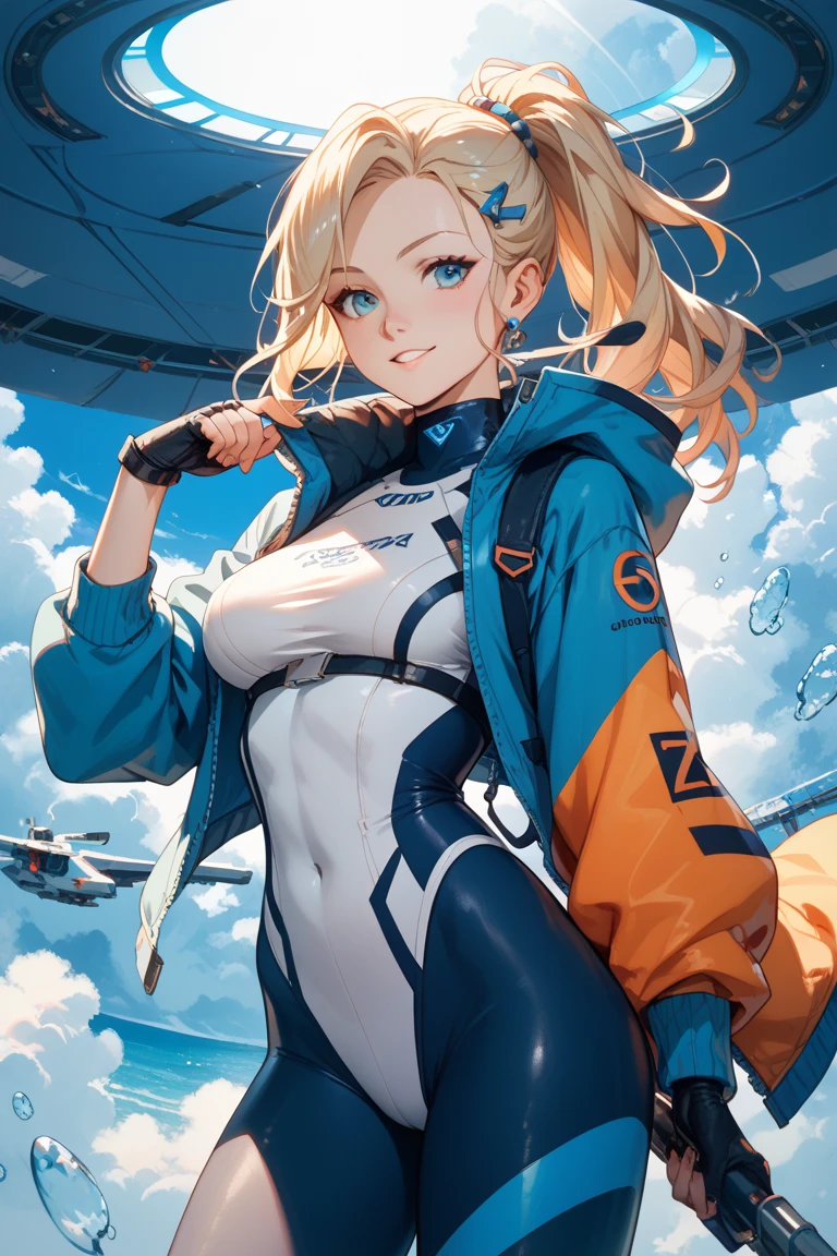 masterpiece, best quality, 1girl, solo, tove, headgear, braid, orange , jacket, grin, looking at viewer, blush, long sleeves, full body, hood, salute, squatting,