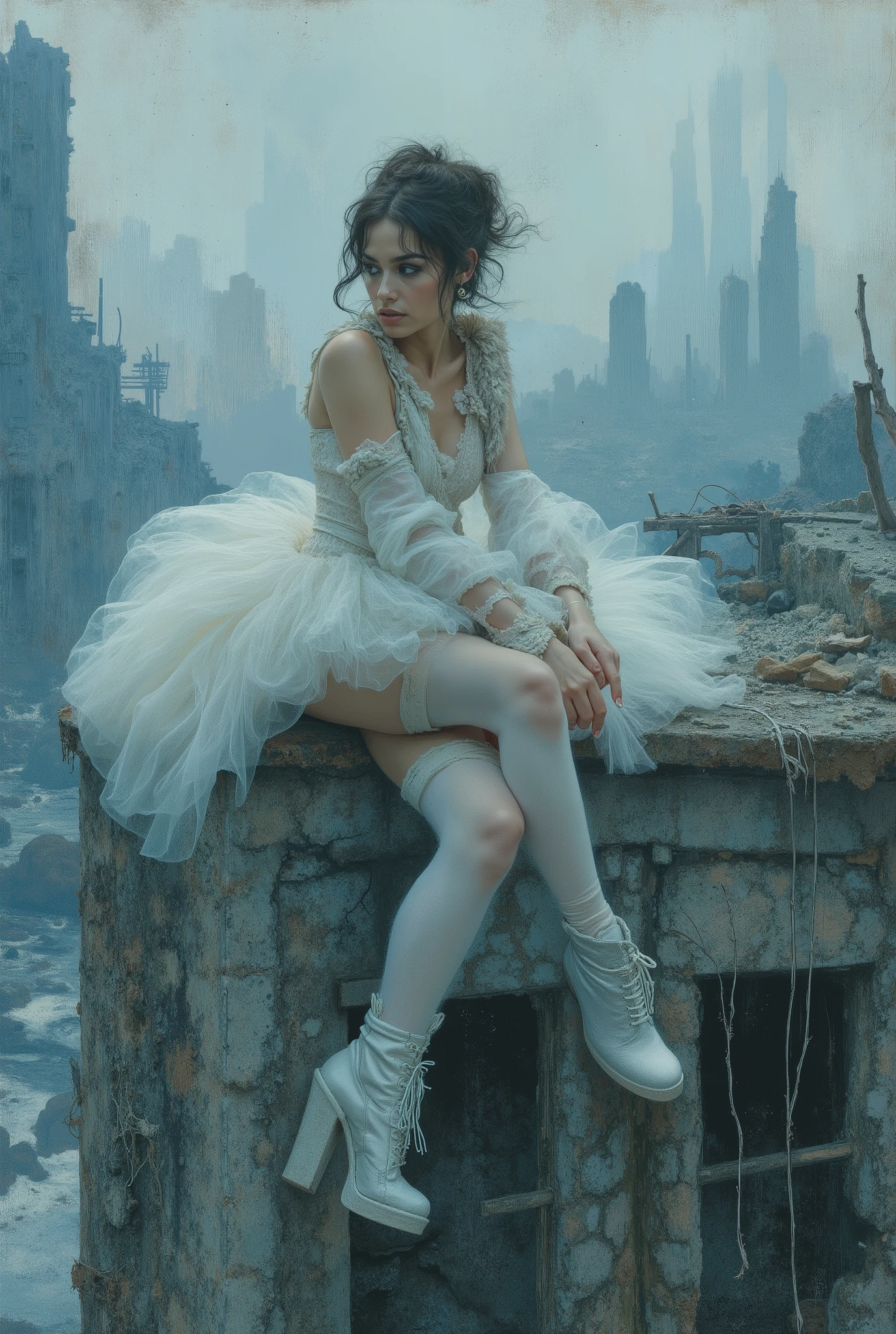 oil painting. The end of World. The digital illustration shows a beautyfull woman. She's wearing a white tutu white pantyhose and white platform boots. She is sitting on top of the ruins of high destroyed building with legs down. She has evening makeup and a hairstyle. It is wide angle shot from top. The background is a mix of abstract and urban elements, with a cool color palette dominated by shades of blue and gray. The overall style of the game is very detailed and dynamic, with an emphasis on strong and confident character behavior. Surreal digital graphics. 