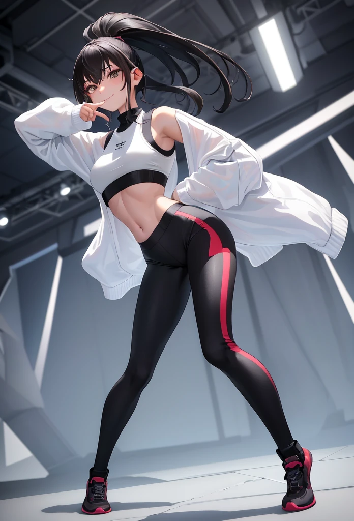 (((hyperrealistic))), (illustration), (((high resolution 32k))), (((32k))), (((extremely detailed))), (best illustration), (cute detailed eyes), (((best quality))), (((hyper detailed))), (artwork), (wallpaper), (((detailed face))), 1 girl, white wavy hair, Korean, heterochromatic eyes, small spots on eyes, loose white shirt, yoga pants, broad shoulders, long legs, tight abdomen, camel crotch, dynamic pose, (((showing the signs of clothing))), (((hyper detailed clothing))), (((highlighted colors))), ,leggings, crop top, black hair, bright blue eyes, medium breasts, smile, fit, athletic,full body, skinny slim rogue alone (((Christina Ricci))), ((She's in a castle)), Highly Detailed Face and Skin Texture, (((pale skin))), ((flatchest)), no breasts, pale complexion, ((("very black hair"))), cyberpunk ribbons, metal necklace, full body, piercing in the nose.