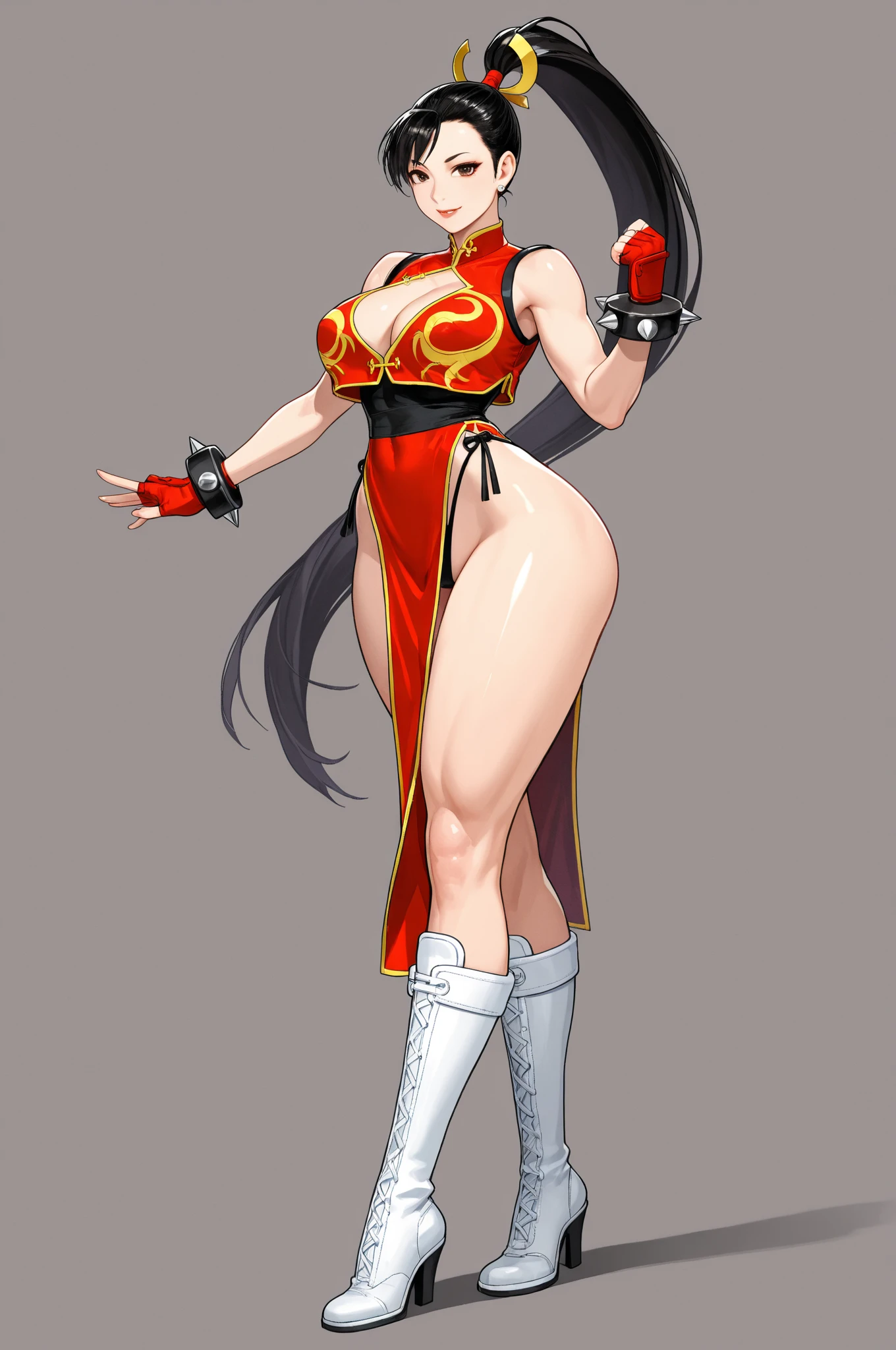 (masterpiece, best quality:1.3), CromWellB, 1girl, solo, looking at viewer, blushing, wide hips, cowboy shot, abs, mature female, closed mouth, seductive smile, large breasts, full body, thick thighs, <lora:CromWellB Style Lora:.85>, shiranui mai, brown eyes, long hair, brown hair, white ribbon, sleeveless, ponytail, sash, pelvic curtain, arm guards, gloves, tabi  <lora:shiranui maiV1:.7>