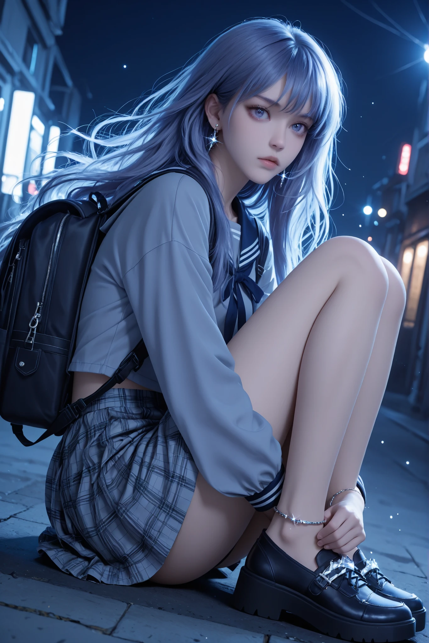 The image depicts a highly detailed and fantastical female character with striking features. She has long, flowing hair. Detailed background, dutch_angle, from the side, ((Grunge)), a school girl wearing a grey and violet uniform, and a medium backpack, sparkling gemstone earrings, a silver anklet, pensive look, high_fashion, earrings, jewelry, a lush outdoor school yard, blue hour lighting,lazypos, SmoothNoob_Quality, Smooth Quality, masterpiece, high_quality, highres, sharp_focus, detailed_eyes, 1girl, dynamic, light_particles, cute girl, pretty face.