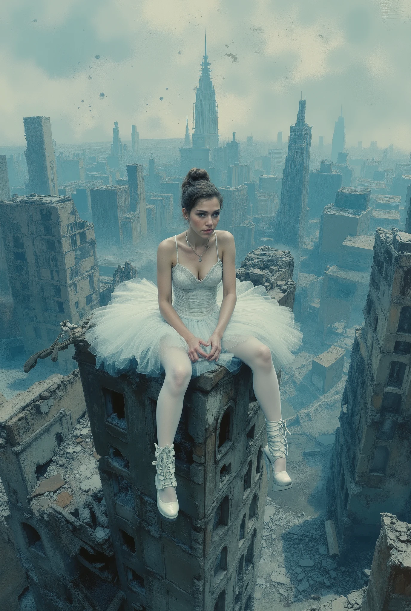 oil painting. The end of World. The digital illustration shows a beautyfull woman. She's wearing a white tutu white pantyhose and white platform boots. She is sitting on top of the ruins of high destroyed building with legs down. She has evening makeup and a hairstyle. It is wide angle shot from top. The background is a mix of abstract and urban elements, with a cool color palette dominated by shades of blue and gray. The overall style of the game is very detailed and dynamic, with an emphasis on strong and confident character behavior. Surreal digital graphics.