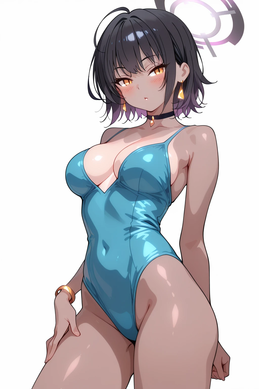 1girl, solo, upper body, facing viewer, looking at viewer, smile, SHORT HAIR, slingshot swimsuit,Spreading legs, , standing,(( pubic hairs))