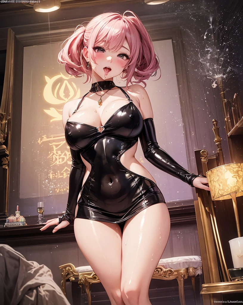 One Girl,, Crotch cutout, No crotch, , ,alone ,, Large Breasts, blush, Black leotard,  arms, Wrist cuff, bow tie, Strapless, Cleavage,
