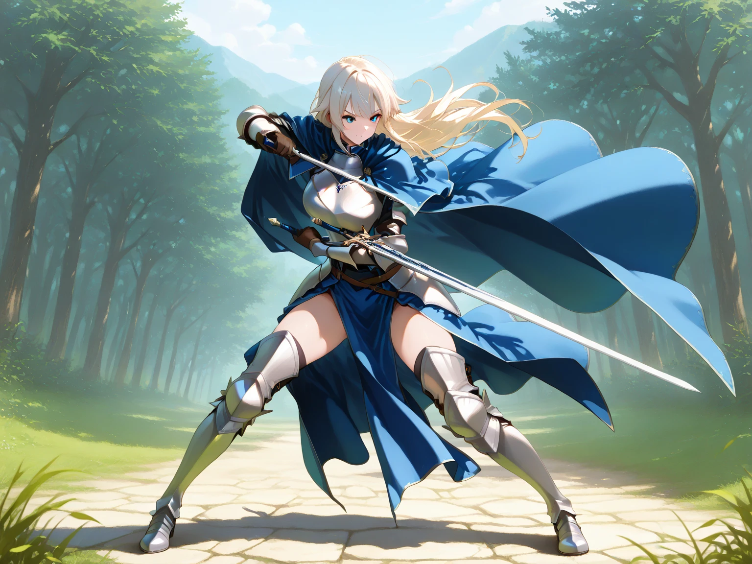 (Best Quality: 1.3), 8K, (Masterpiece: 1.3), Ultra High Definition, One Girl, (Extra Huge Western_sword), (Open Stance), Dynamic Attack Action Pose, Slash, Attack Action, (Speeding) Moving Girl in Sky at High Speed, (Slow Motion:1.3), (motion blur:1.3), (speed lines:1.4), sense of speed, elf, (white armor), (forest), blonde, (full body: 1.4), cute face, medium hair, 18 years old,