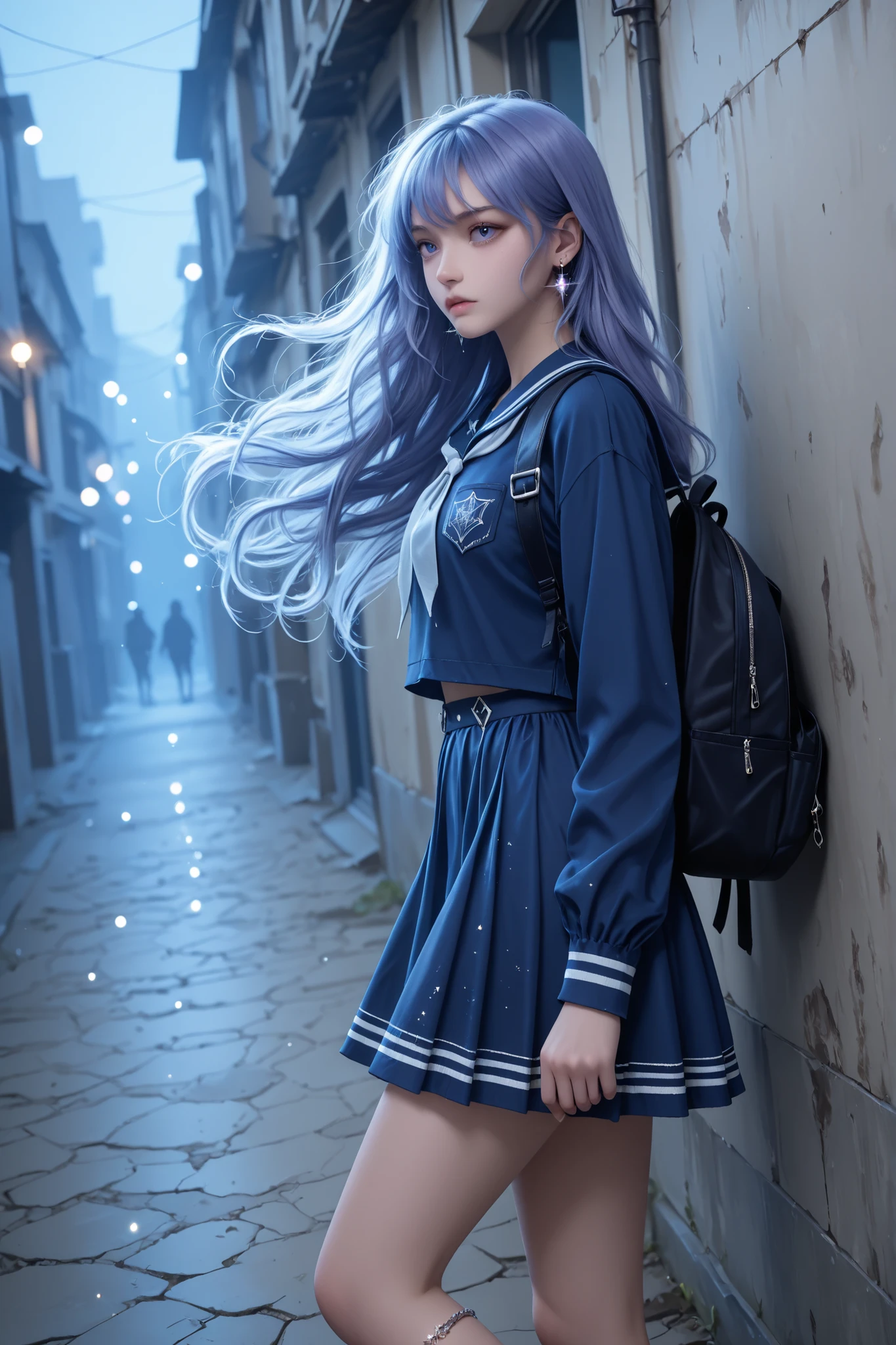The image depicts a highly detailed and fantastical female character with striking features. She has long, flowing hair. Detailed background, dutch_angle, from the side, ((Grunge)), a school girl wearing a grey and violet uniform, knee-length skirt, and a medium backpack, sparkling gemstone earrings, a silver anklet, pensive look, high_fashion, earrings, jewelry, a lush outdoor school yard, blue hour lighting,lazypos, SmoothNoob_Quality, Smooth Quality, masterpiece, high_quality, highres, sharp_focus, detailed_eyes, 1girl, dynamic, light_particles, cute girl, pretty face.